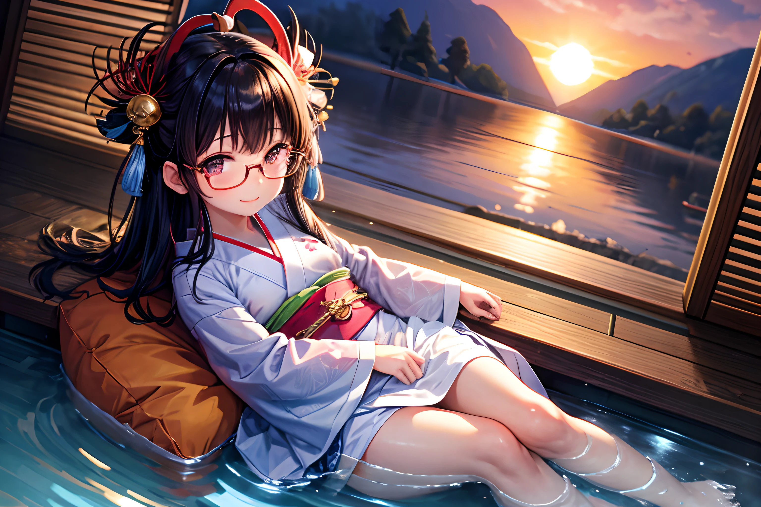 fullbody, fromside, onsen, sunset/twilightsky, megami magazine, loli / little girl, petite, lightsmile, medium breasts, kimono/japaneseclothes, black hair, hair behind ear, floating hair, shiny hair, nihongami, lone nape hair, x hair ornament, rimless eyewear, 4K, textured skin, super detail, award winning