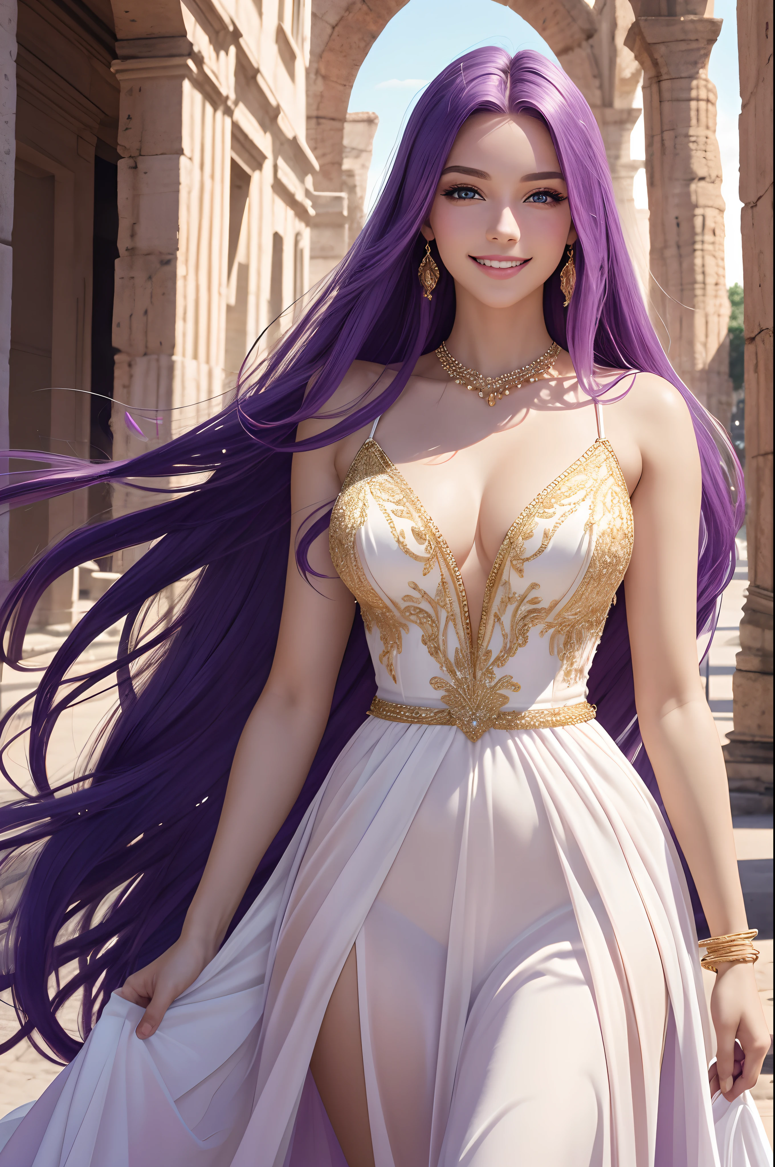 Illustration of a beautiful, delicate full-body layout of a 20-year-old woman: with a golden ratio face, a perfect body and a cheerful expression, a happy smile combined with white teeth attracts all eyes. look, long purple hair, pink lips, diamond jewelry, evening gown, displayed in 8K resolution with super fine detail, white skin in every detail with perfect beauty. eyes looking out, the Colosseum landscape.
