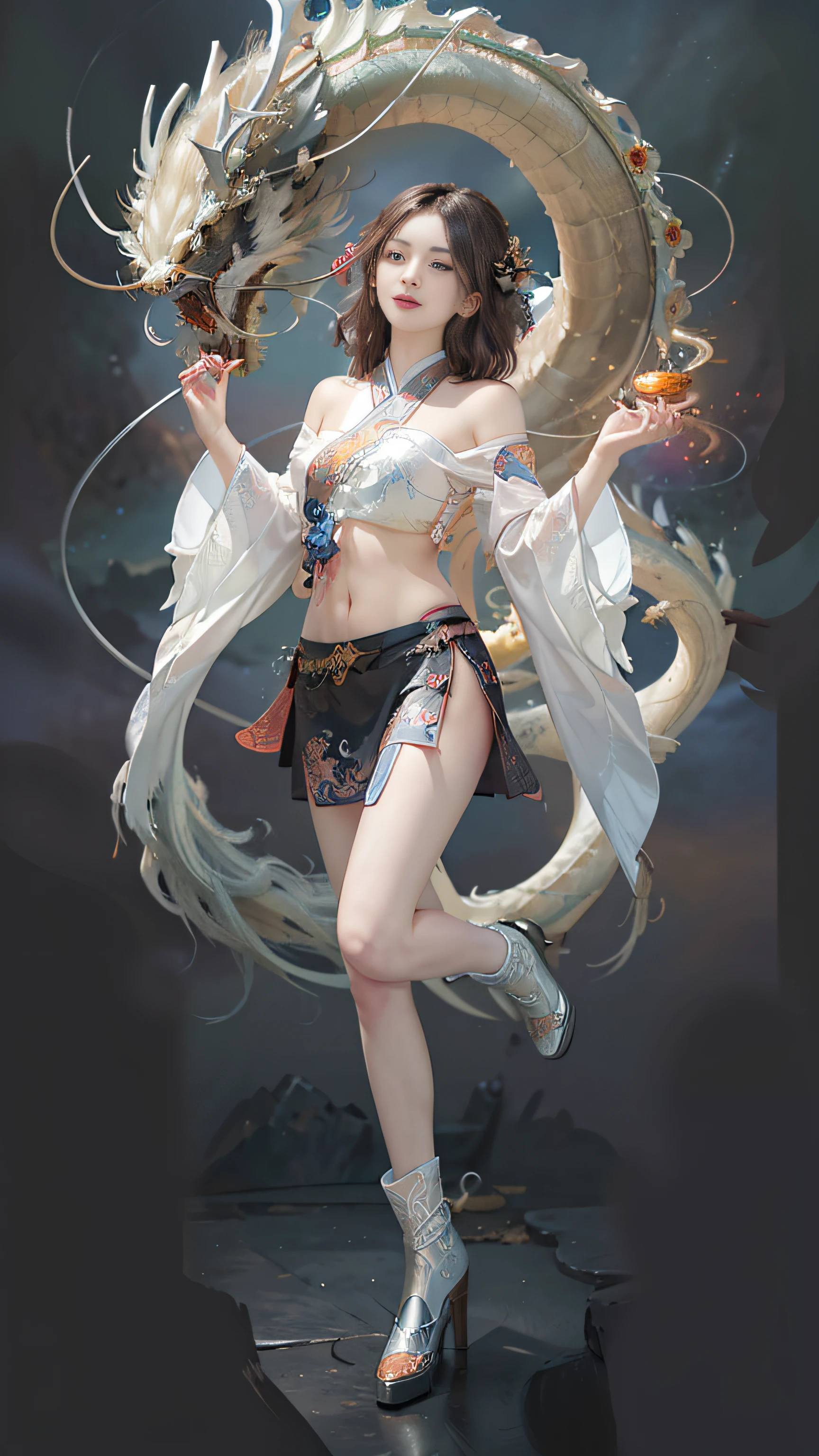 Official Art, Unified 8K Wallpapers, Ultra Detailed, Beautiful and Aesthetic, Masterpiece, Best Quality, (Zentangle, Tangle, Entangle), (fractal art: 1.4), (character center: 1.3), 1girl, black hair, Chinese, off-the-shoulders, short skirt, calf, navel, very detailed, dynamic angle, cowboyshot, (most beautiful form of chaos), ethereal, (bright colors), oc, (half: 1.2), china, (thangka flying sky: 1.5), (ribbon: 1.3), (dream: 1.5), (hanfu: 1.5), Chinese dragon, Chinese phoenix, (smile: 0.5), ( Chinese deities),