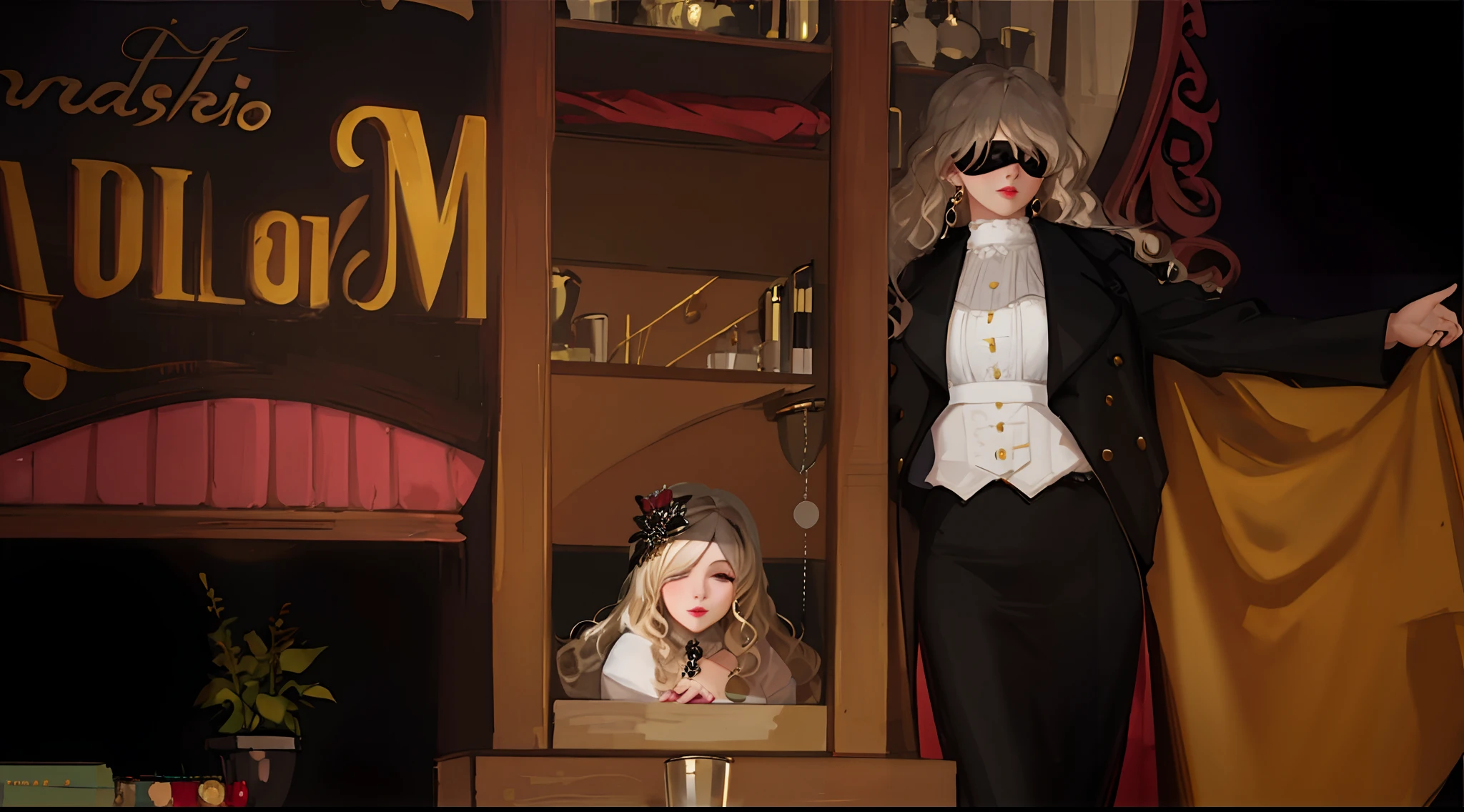 (masterpiece:1.5),(bestquality),highlydetailed,ultra-detailed, mature female, milf, mature, blonde hair:white hair:0.3, wavy hair with big curls, long hair,long wavy hair:, ample bosom, blindfolded, alluring, French woman1girl, black background, earrings, jewelry, lips, lipstick, looking at viewer, makeup, solo, transparent background