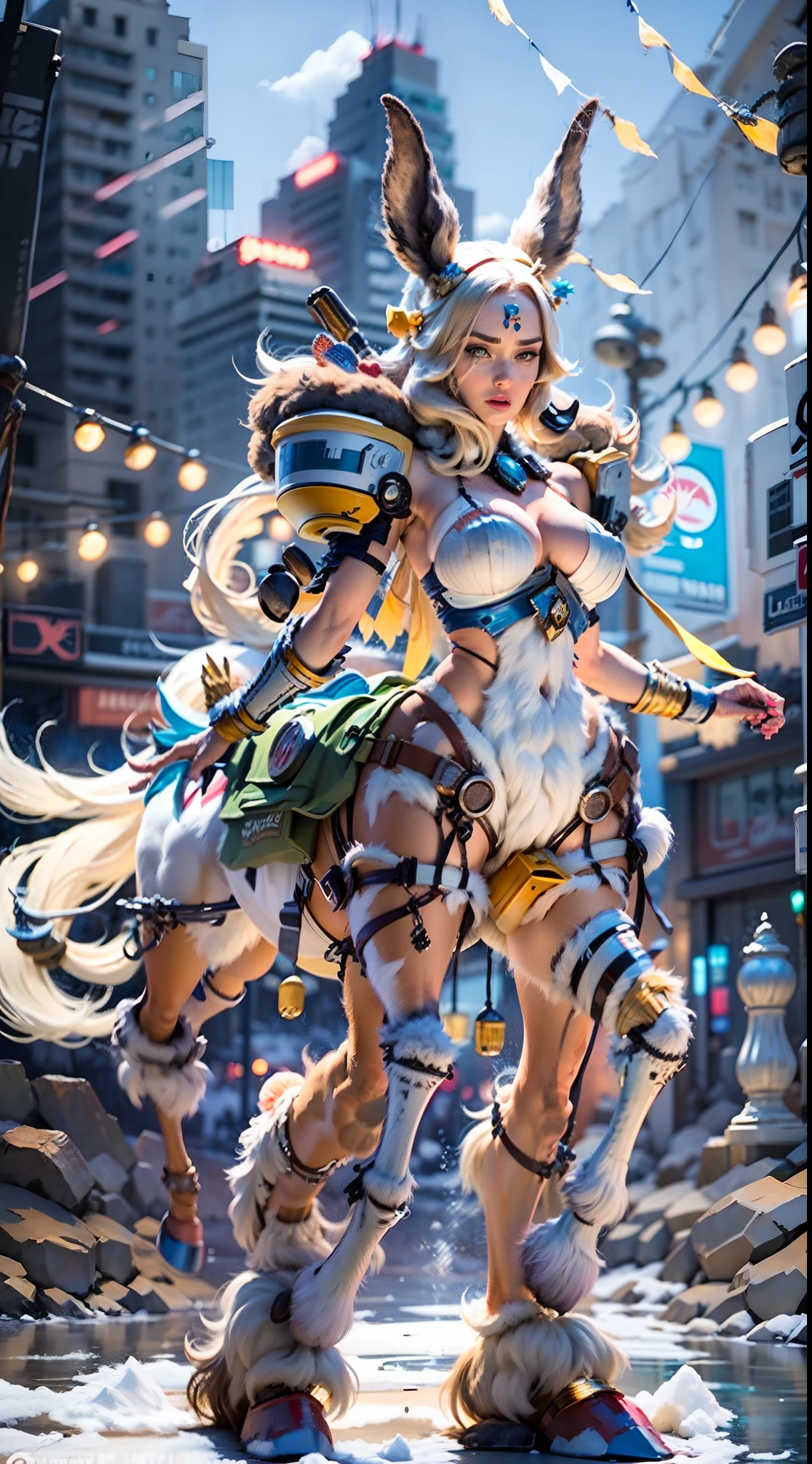 In a very grand scene，The extra-large wide-angle lens captures the appearance of a female centaur。（She is traveling through the stars：9.9），She is tall，It has the ultimate curvy beauty，The muscles are slender and firm，Beautiful lines。Her facial features are tough and coquettish，Always with a sunny smile。She wears special tight-fitting equipment with a strong sense of technology，Step on multifunctional off-road style heels，Delicate and practical protective gear is worn on the hands, feet, wrists, neck and shoulders。The detection equipment around you flashes various cue lights and neon-like information screens，Let her exude a charming brilliance。Use Midjourney's advanced tools，Design special tight-fitting equipment for female centaurs，Highlight her unique physiological characteristics and appearance details，Add realism。And in her adventure scene，Spectacular views of nature，Such as the sky where storms and sunny days alternate、Brilliant rivers of stars and auroras、The snow-capped summit of Mount Everest、Fireworks in the mountain town, etc。ao mesmo tempo，Away from the hustle and bustle of Long Beach Pier is a neon-lit spaceship docked，Create a fantastic scene。Use Midjourney's advanced tools and multiple color palettes、Brush Strokes、Texture tools and model packages，It shows a sense of atmosphere where beauty and charm coexist。The charm of the female centaur is highlighted through color and lines，Enhance realism with detailing，Create a surreal dreamy feeling。Additionally，Use Midjourney's tools to add a variety of extreme sports gear and cultural trinkets to the female centaur，Create intricate hairstyles and outfits，Give her a sense of premium。She never flinches，Regardless of the terrain，can respond quickly，Even the extreme geography and dangerous terrain of aliens cannot stop her。Use Midjourney's powerful tools，You can do it with incredible detail and beauty，Bring this ultra-grand and beautiful scene to life。Ultra-grand scenes，super wide shot， hdr，（真实感，Masterpiece quality，