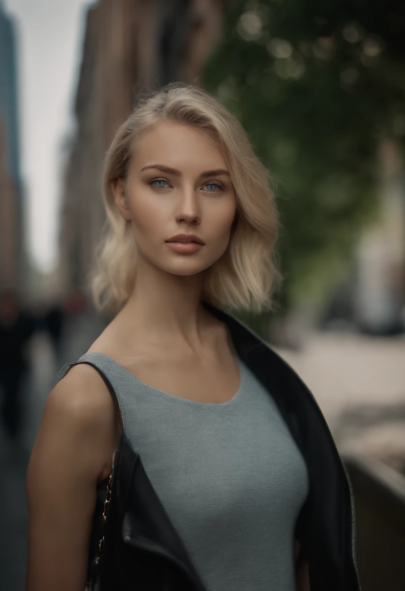 Slender, young, short blonde hair, blue eyes, in town, natural skin texture, 24mm, 4K textures, soft cinematic light, RAW photography, photorealistic, photorealistic, complex, elegant, highly detailed, sharp focus, (((cinematic look))), calm Tone, Insane Detail, Complex Detail, Ultra Detail, High Contrast, Soft Cinematic Light, Dim Colors, Exposure Blending, HDR, Faded, Cold, Waist Thin, Well-Proportioned, (8k, 4k, Top Quality, Hi-Res: 1.1), (Realistic, Photorealistic: 1.1), Girl 1 People, Solo, Face, Twin Tails, Blonde Hair, Bangs, Long Hair, Necklace, Earrings, Lips, Eye Shadow, Jewelry, (Viewer Looking For: 1.8), Spaghetti Straps, Detail, High Contrast, from_side, srfc, stunning complex full color portrait, wearing black turtleneck, spectacular character composition, by Ilya Kubushinov, Alessio Albi, Nina Masic, sharp focus, natural light, sub-surface scatter, f2, 35mm, film grain full body in new York
