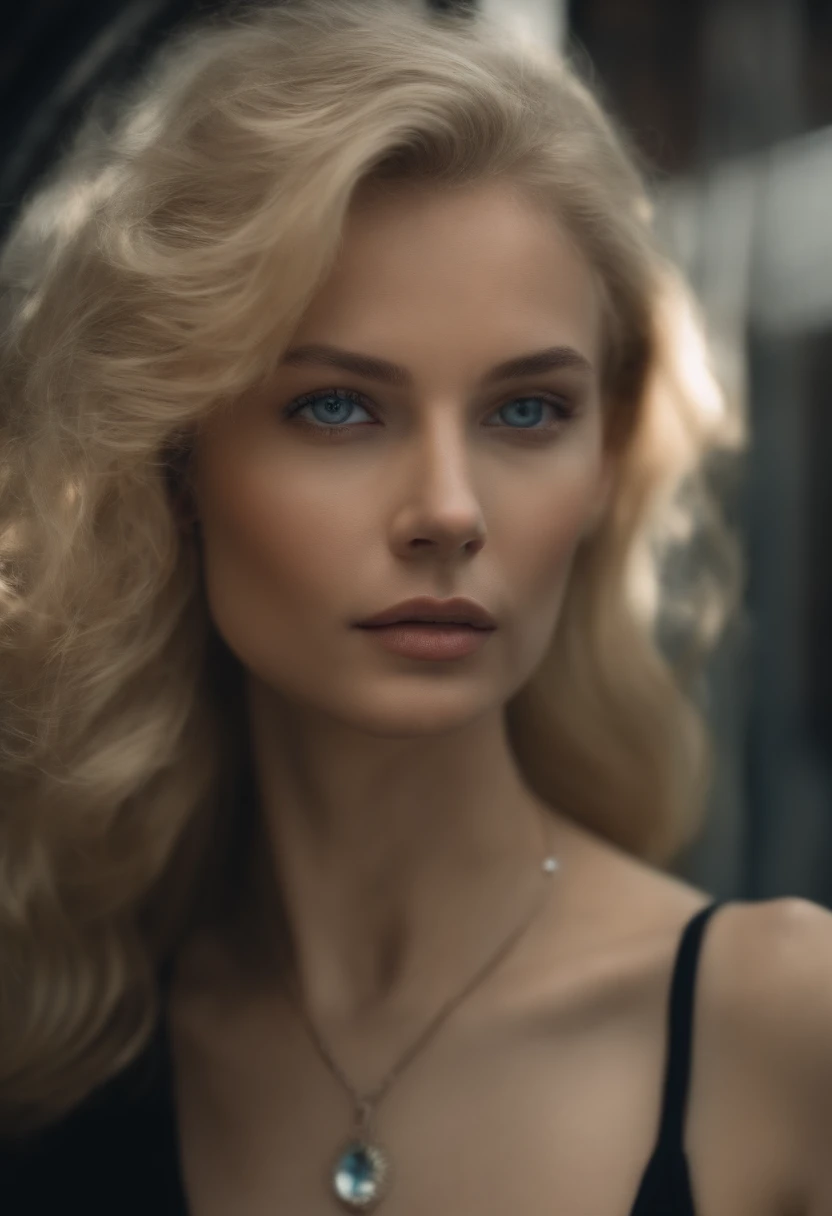 Slender, young, short blonde hair, blue eyes, in town, natural skin texture, 24mm, 4K textures, soft cinematic light, RAW photography, photorealistic, photorealistic, complex, elegant, highly detailed, sharp focus, (((cinematic look))), calm Tone, Insane Detail, Complex Detail, Ultra Detail, High Contrast, Soft Cinematic Light, Dim Colors, Exposure Blending, HDR, Faded, Cold, Waist Thin, Well-Proportioned, (8k, 4k, Top Quality, Hi-Res: 1.1), (Realistic, Photorealistic: 1.1), Girl 1 People, Solo, Face, Twin Tails, Blonde Hair, Bangs, Long Hair, Necklace, Earrings, Lips, Eye Shadow, Jewelry, (Viewer Looking For: 1.8), Spaghetti Straps, Detail, High Contrast, from_side, srfc, stunning complex full color portrait, wearing black turtleneck, spectacular character composition, by Ilya Kubushinov, Alessio Albi, Nina Masic, sharp focus, natural light, sub-surface scatter, f2, 35mm, film grain full body in new York