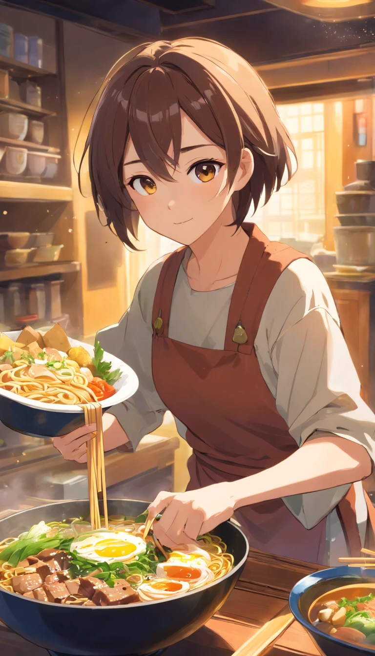 Beef noodles,Fresh vegetables,The poached egg aroma is overflowing,The brown shells are delicious and delicious,Pepper has a strong flavor,The yellow bamboo shoots are crispy and delicious,The fungus has a delicate taste,Tofu has a great final flavor,The noodles held with chopsticks are fragrant。illustration