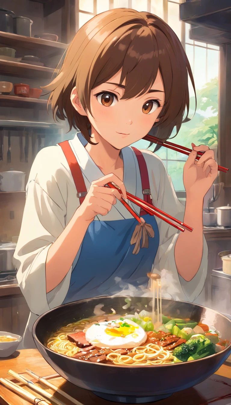 Beef noodles，Fresh vegetables，The poached egg aroma is overflowing，The brown shells are delicious and delicious，Pepper has a strong flavor，The yellow bamboo shoots are crispy and delicious，The fungus has a delicate taste，Tofu has a great final flavor，The noodles held with chopsticks are fragrant。illustration