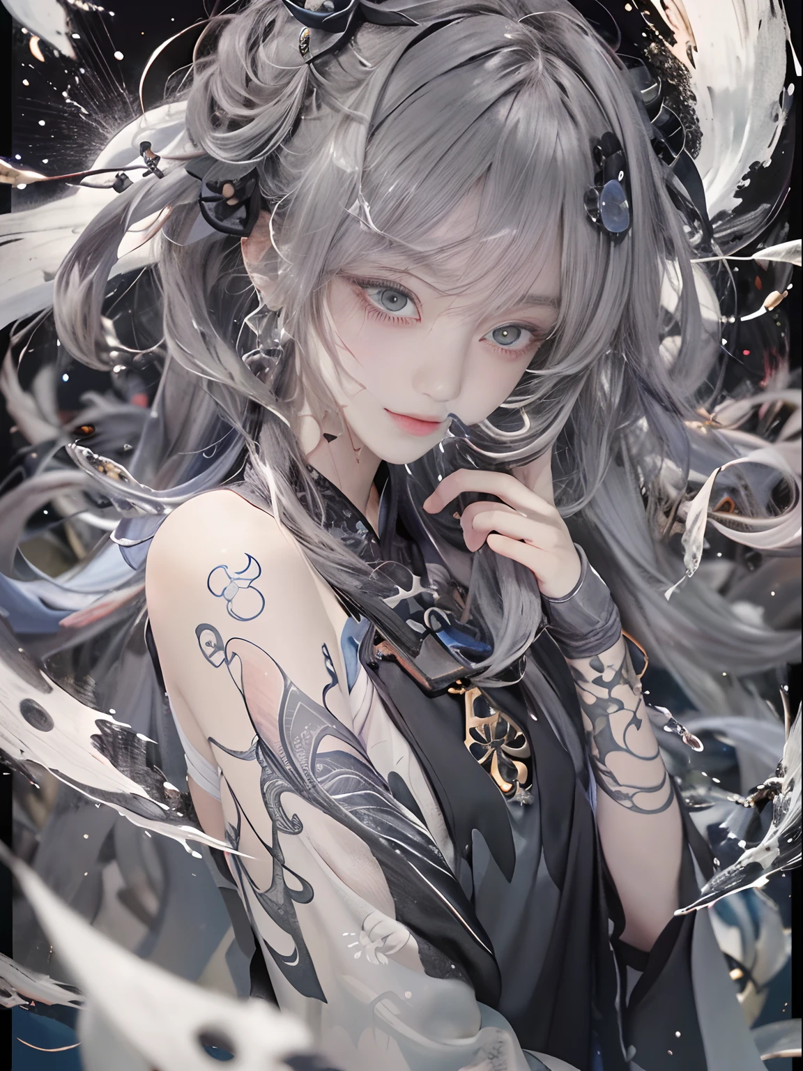 {{{{masterpiece}}}}, {{{hyper detailed}}}, {{{highres}}}, {{good anatomy}}, (((best quality))), ((Extremely Delicately Beautiful)), {{Extremely meticulous and delicate}}, {8k CG wallpaper}, {{illustratio}}, (Color background grayscale:1.1), Ray traching, Background bokeh, with black background, (Splash ink:1.3), 1girl , solo, hu tao(genshin impact), boo tao, symbol-shaped pupils, hiten1,blackstockings