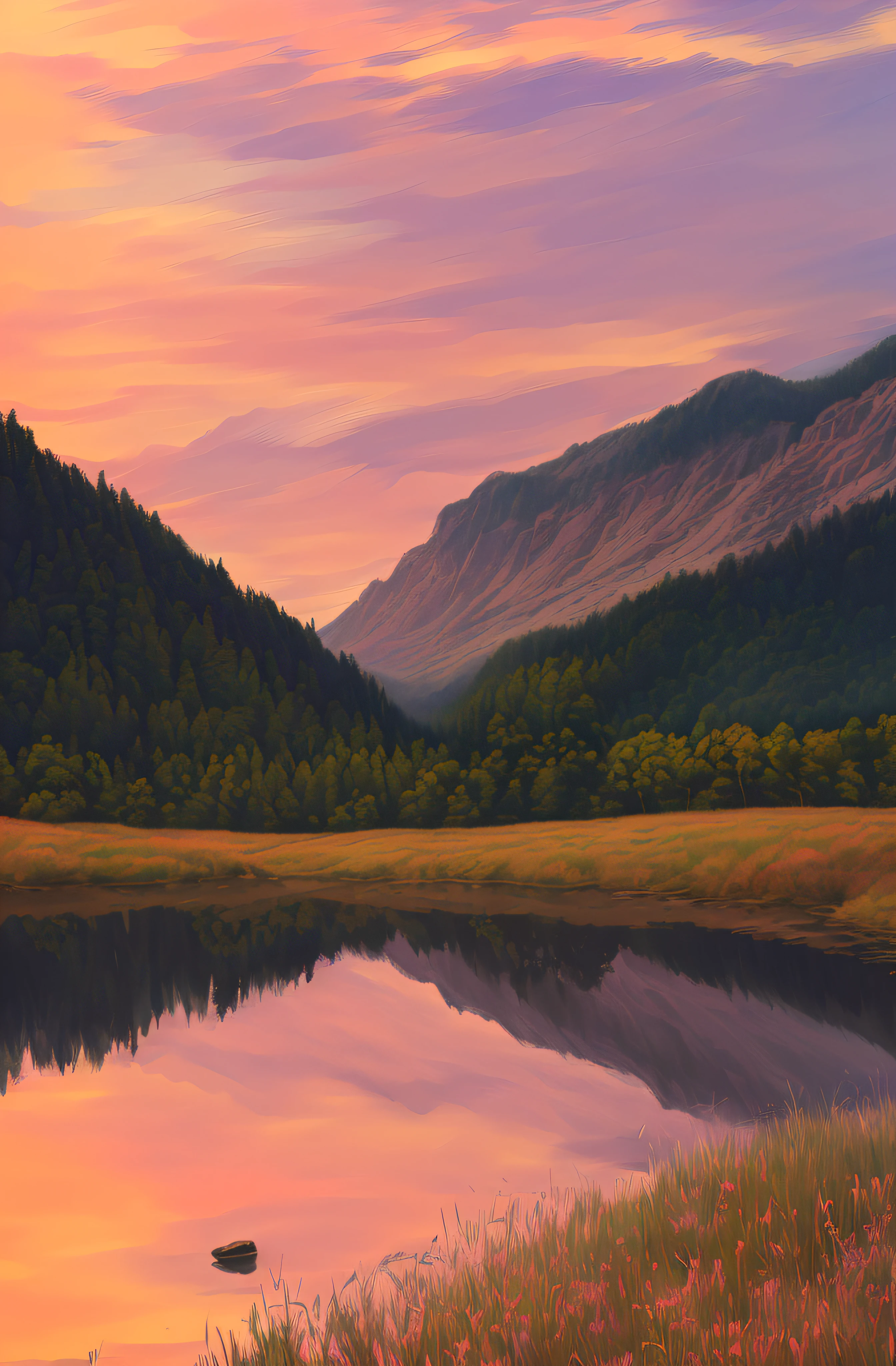 painting of a mountain lake with reflection in the water, twilight ; digital oil painting, detailed painting 4 k, detailed digital painting, 8 k resolution digital painting, 8k resolution digital painting, sunset in a valley, painted landscape, twilight ; digital painting, digital 4k painting, high detail digital painting, painted in high resolution, very detailed digital painting