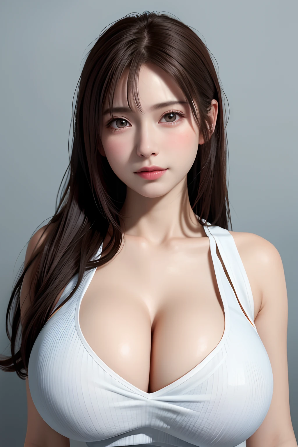 masterpiece, best quality, ultra high res, (photorealistic:1.4), detailed beautiful face, detailed clothes, stunning europe woman, in tank top wearing, super cute, close-up potrait, nice perfect face with soft skin perfect face, gorgeous long ponytail brown hair, 8K resolution,ultra-realistic,ultra-detailed,highs quality, (gigantic teardrop breasts, huge cleavage:1.2), wide perspective