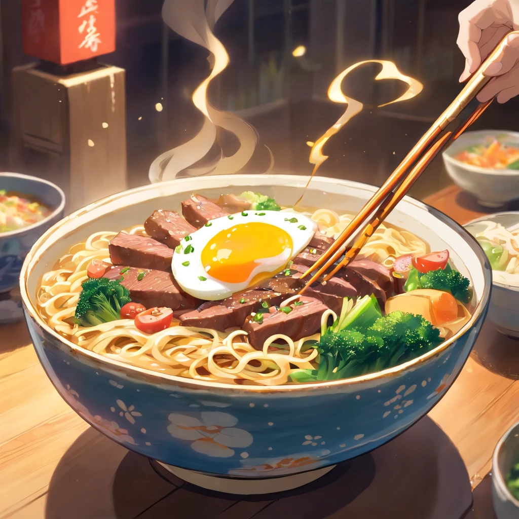 A bowl of beef noodles，Fresh vegetables，The poached egg aroma is overflowing，The brown shells are delicious and delicious，Pepper has a strong flavor，The yellow bamboo shoots are crispy and delicious，The fungus has a delicate taste，Tofu has a great final flavor，The noodles held with chopsticks are fragrant。illustration