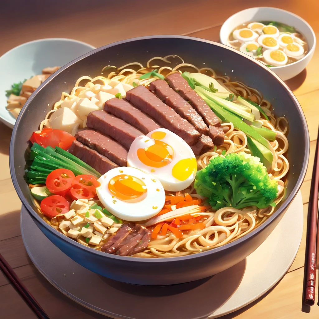 A bowl of beef noodles,Fresh vegetables,The poached egg aroma is overflowing,The brown shells are delicious and delicious,Pepper has a strong flavor,The yellow bamboo shoots are crispy and delicious,The fungus has a delicate taste,Tofu has a great final flavor,The noodles held with chopsticks are fragrant。illustration