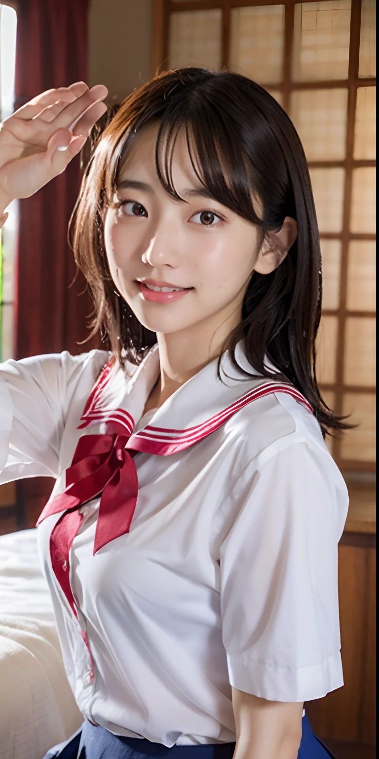 ulzzang-6500-v1.1, (Raw photo:1.2), (Photorealistic:1.4), Beautiful detailed girl, Very detailed eyes and face, Beautiful detailed eyes, Huge file size, (Big), High Resolution, Very detailed, Best quality, [Masterpiece:1.6], [JK Uniform], Illustration, Very detailed, CG, Fine detail, Best quality, Highly detailed CG uniform 8k wallpaper, movie lighting, 1 girl, , cute Japan high school girl, perfect figure, [unbuttoned white school blouse], large taut breasts, [huge breasts, heavy breasts: 1.6], cute droopy eyes, beautiful big eyes, white school blouse, see-through bra, sweaty and wet, [sexual arousal: 1.1], [Sexual arousal: 1.1] Lying in bed: 1.5], hands raised, school uniform ribbon around the neck, smile, (the whole body is wet), shining eyes