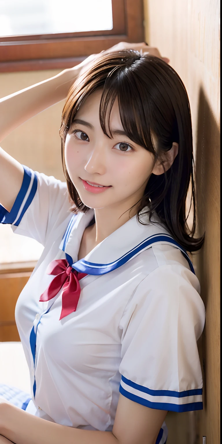 ulzzang-6500-v1.1, (Raw photo:1.2), (Photorealistic:1.4), Beautiful detailed girl, Very detailed eyes and face, Beautiful detailed eyes, Huge file size, (Big), High Resolution, Very detailed, Best quality, [Masterpiece:1.6], [JK Uniform], Illustration, Very detailed, CG, Fine detail, Best quality, Highly detailed CG uniform 8k wallpaper, movie lighting, 1 girl, , cute Japan high school girl, perfect figure, [unbuttoned white school blouse], large taut breasts, [huge breasts, heavy breasts: 1.6], cute droopy eyes, beautiful big eyes, white school blouse, see-through bra, sweaty and wet, [sexual arousal: 1.1], [Sexual arousal: 1.1] Lying in bed: 1.5], hands raised, school uniform ribbon around the neck, smile, (the whole body is wet), shining eyes