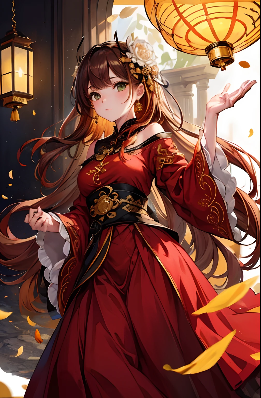 best quality, masterpiece, highres, (exquisite body:1.5),gorgeous face,(milky skin:1.3),intricate details,high resolution,wallpaper,
1girl, solo, dress, hair ornament, (((gold and red dress))), flowers, long hair, brown hair, closed mouth, jewelry, long sleeves, hand up, wide sleeves, big eyes,floating hair, chinese clothes, hanfu, embroidery, long skirt, natural pose, falling petals, indoor,fanning, lantern,
16K,HDR,highres,depth field,(film grain:1.1),boken,golden hour,(lens flare),vignette,rainbowing,(color grading:1.5)