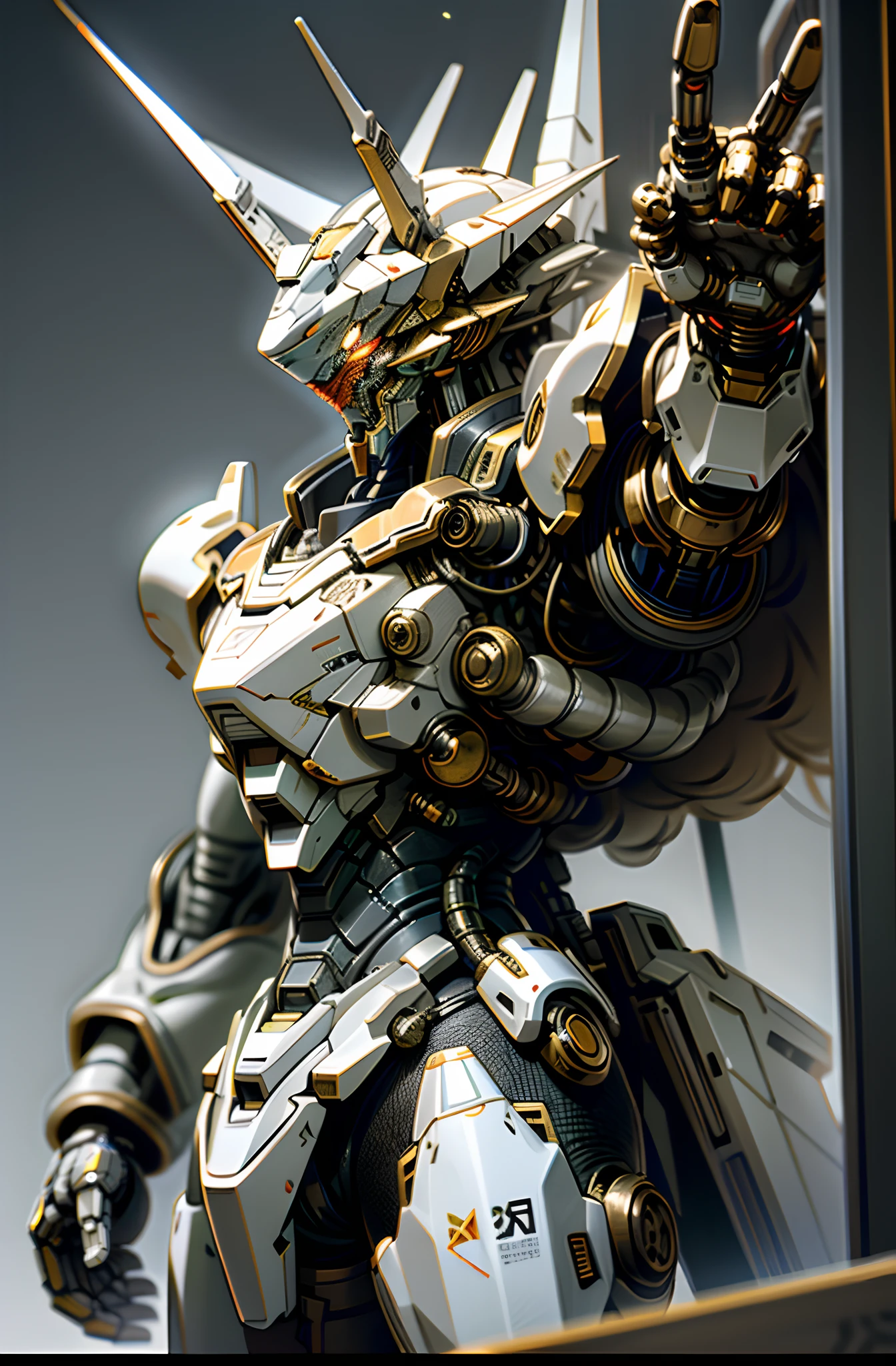 Dark_Fantasy, armored core 6,1Mechanical marvel,Robotic presence, galactic emperor, giant mechanical armour, heavy cybernetic iron white claw, plasma spear weapons , Siberian white tiger ,absolutely stunning art,white and gold coating, highest quality art, highest resolution, hyper detailed,black and red, futuristic, gundam robot, atmospheric,8k,64k, HD, unparalleled masterpiece, dynamic lighting, cinematic, epic