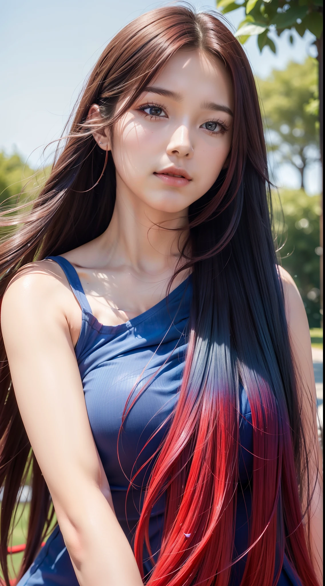 Best quality, A high resolution, Ultra-detailed, Realistic, Beautiful red to blue gradient wavy long hair blowing on a woman's serene face in a soft breeze, Long flowing hair was lifted, Vibrant flowers in the background of the park, Close-up shot