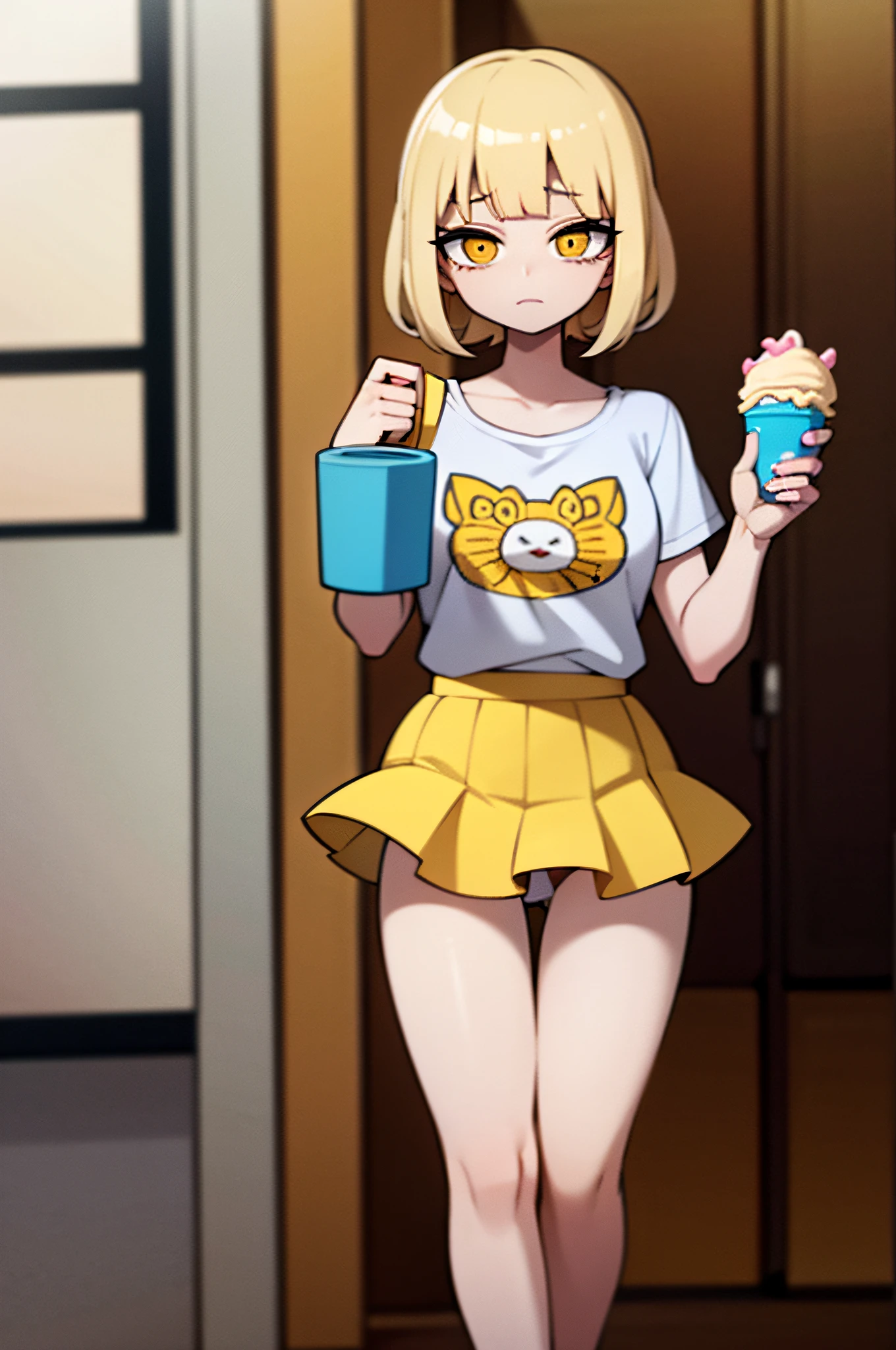 1 girl, blonde, tall, yellow eyes, wearing a pompompurin shirt from sanrio, yellow skirt, eaating icecream,