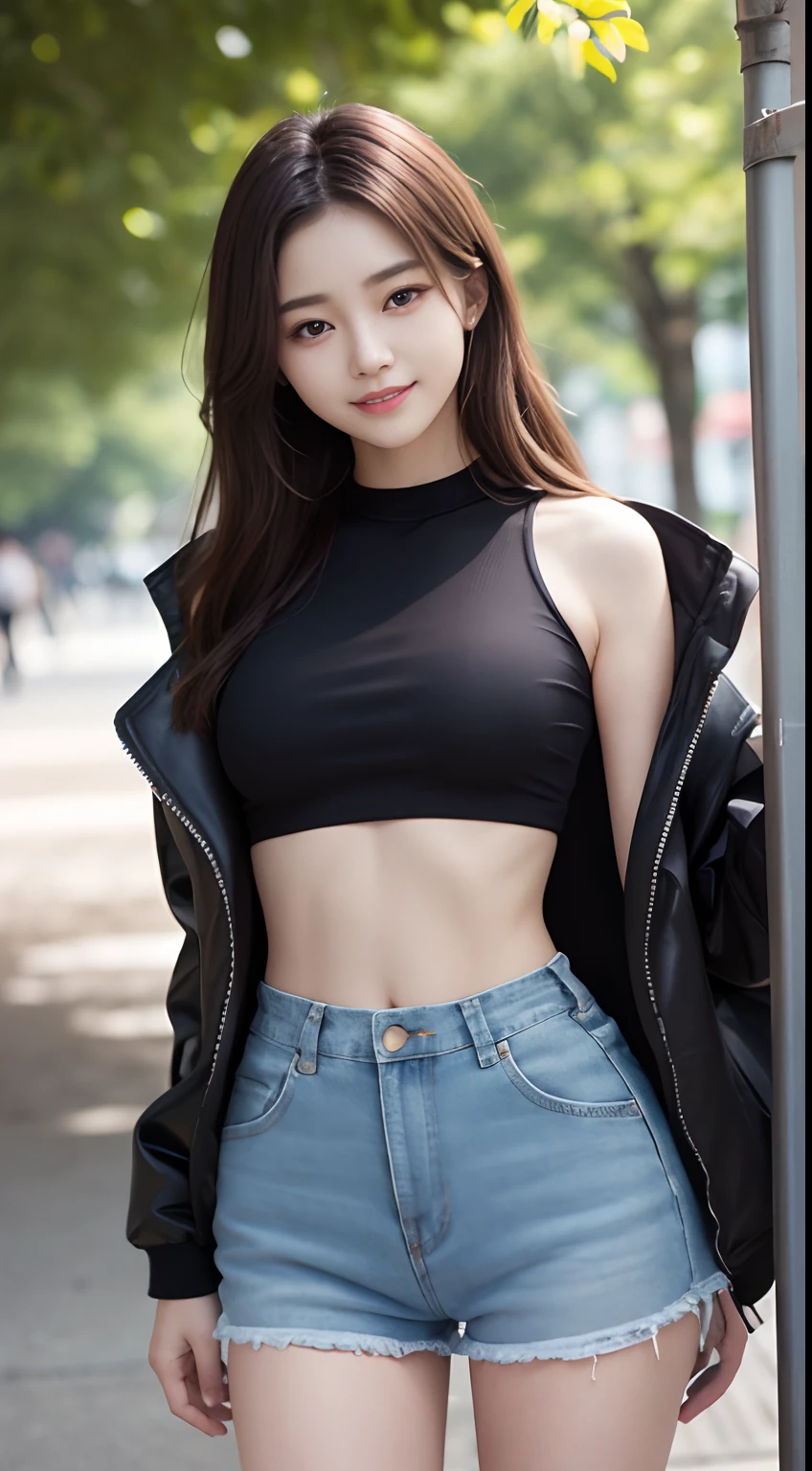 The 8k quality、Top image quality、超A high resolution、masterpiece、Photorealsitic、Raw photography、超A high resolution、21-year-old Korean、small tits、Dynamic angles、Cowboy Shots、smil、Laugh、The most beautiful forms chaos、elegent、Brutalist design、Vibrant colors、a short bob、smil、shiny white skin、Beautiful eyes with random colors、very thin lips、Beautiful eyes in every detail、Beautiful double eyelids、light chestnut hair、a park、Daytime outdoor、Overall、Black crop top、parka、hotpants、shot from a side angle、