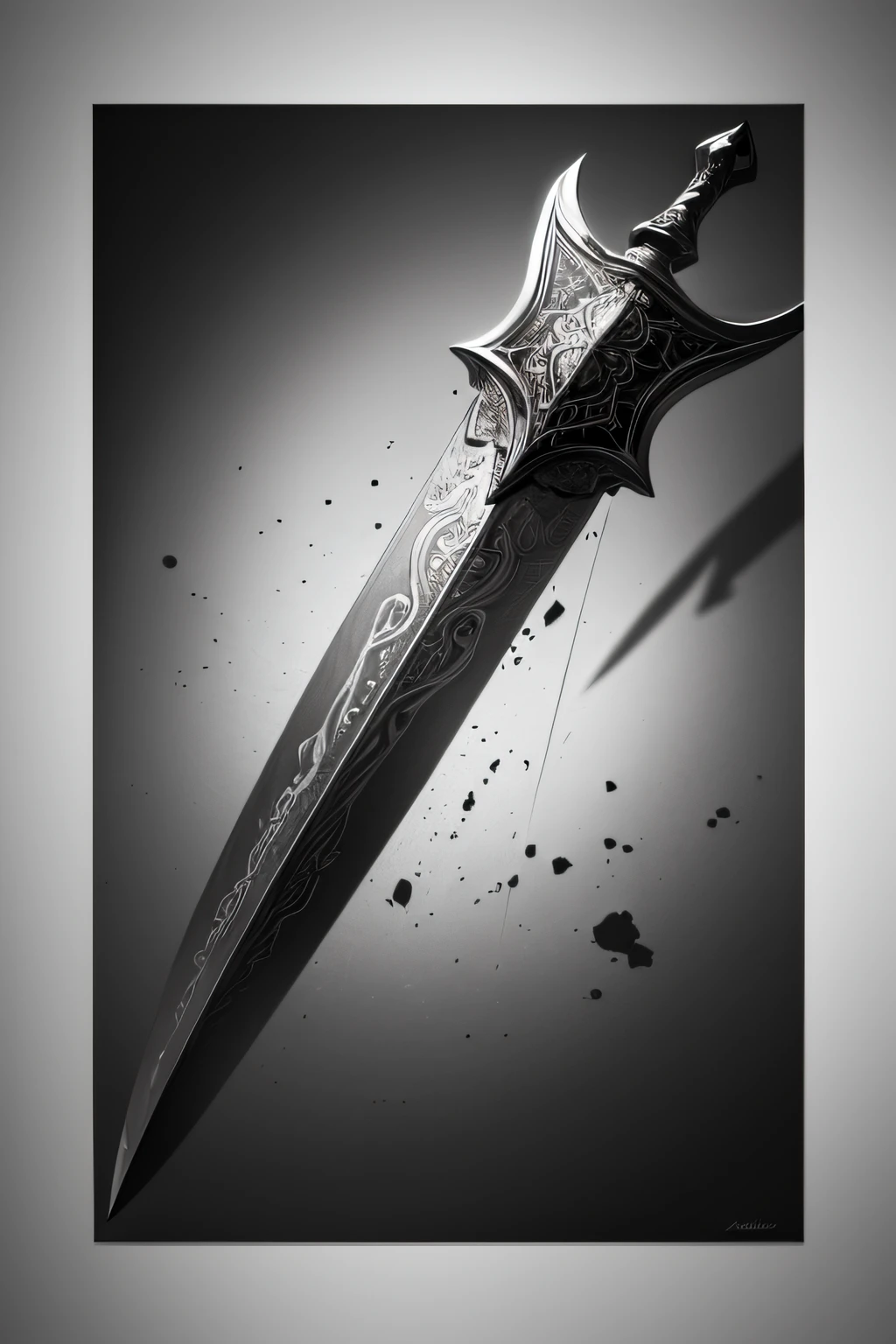 (best quality,4k,8k,highres,masterpiece:1.2),detailed sword drawing,pencil sketch of a sword,realistic digital painting,intricate blade details,shiny metal textures,[sketch:0.9],[black and white],fine art,concept artists,sharp shadows,high contrast lighting,brush strokes,dynamic composition,solid handle design,vivid colors