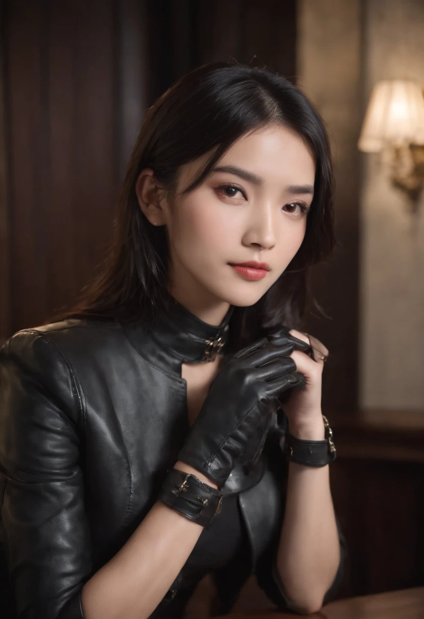 Wearing black leather gloves up to the fingertips in both hands and covering the upper body, black leather double riders jacket, slender necklace, a young and cute Japanese girl with beautiful black hair, sitting on a black leather chair facing the desk in the president's room at night