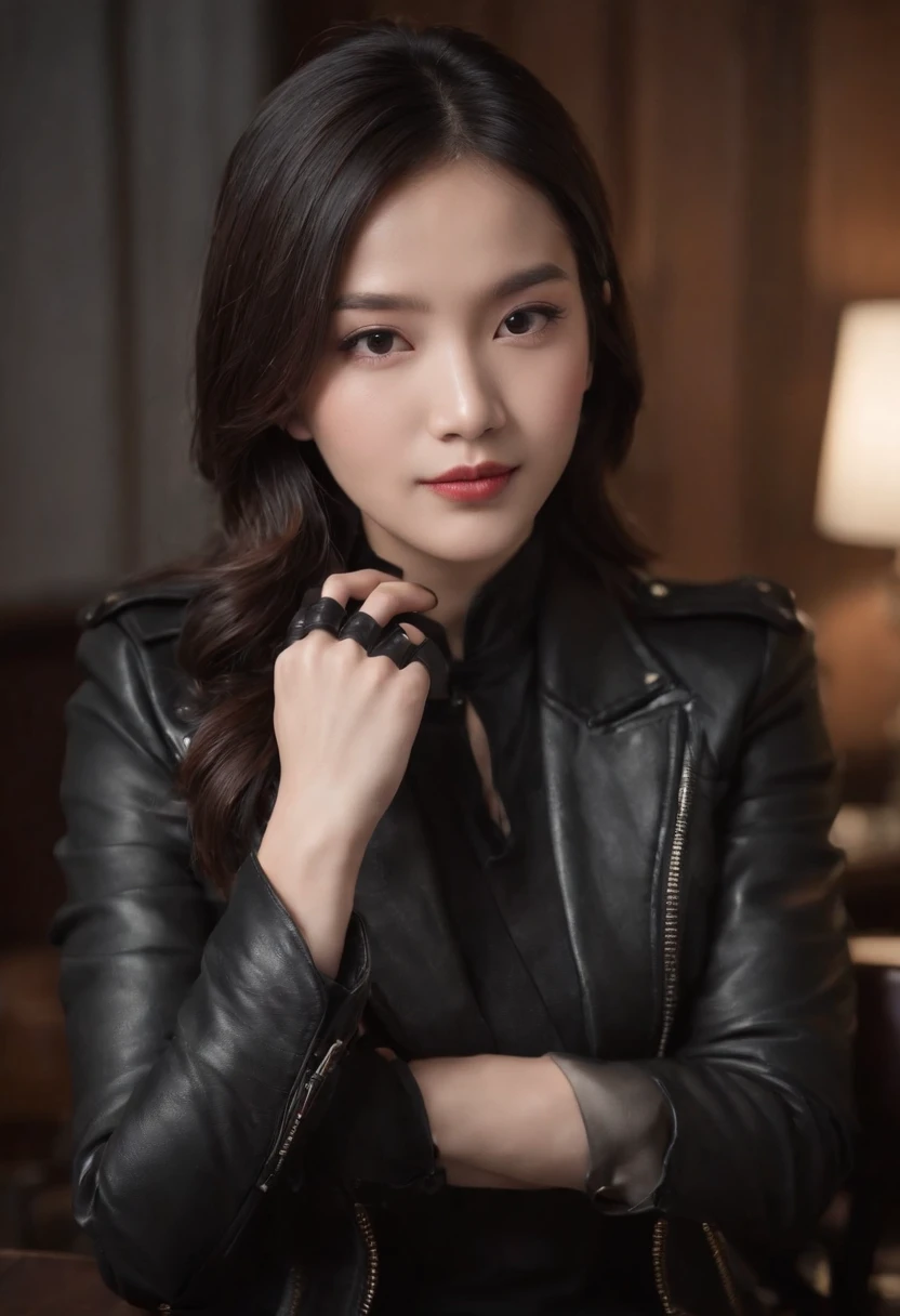 Wearing black leather gloves up to the fingertips in both hands and covering the upper body, black leather double riders jacket, slender necklace, a young and cute Japanese girl with beautiful black hair, sitting on a black leather chair facing the desk in the president's room at night