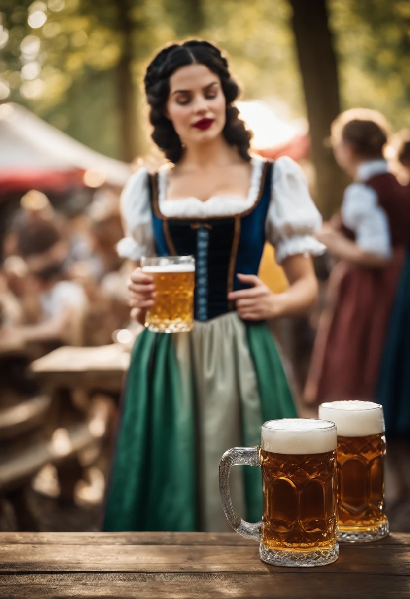 Snow White betrunken auf dem Oktoberfest, Bierkrug in der Hand, empty beer mugs are everywhere, Dirndl, ultra realistisch, Ultra-detailliert, Braids