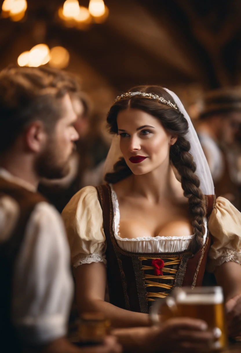 Snow White betrunken auf dem Oktoberfest, Bierkrug in der Hand, empty beer mugs are everywhere, Dirndl, ultra realistisch, Ultra-detailliert, Braids