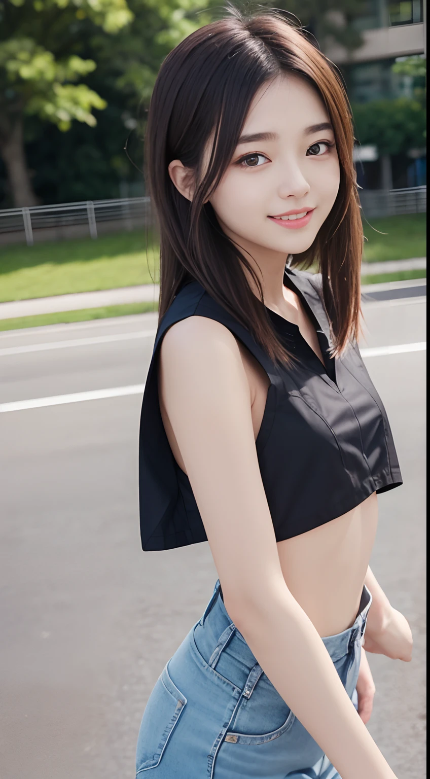 The 8k quality、Top image quality、超A high resolution、masterpiece、Photorealsitic、Raw photography、超A high resolution、21-year-old Korean、small tits、Dynamic angles、Cowboy Shots、smil、Laugh、The most beautiful forms chaos、elegent、Brutalist design、Vibrant colors、a short bob、smil、shiny white skin、Beautiful eyes with random colors、very thin lips、Beautiful eyes in every detail、Beautiful double eyelids、light chestnut hair、a park、Daytime outdoor、Overall、Black crop top、parka、hotpants、shot from a side angle、