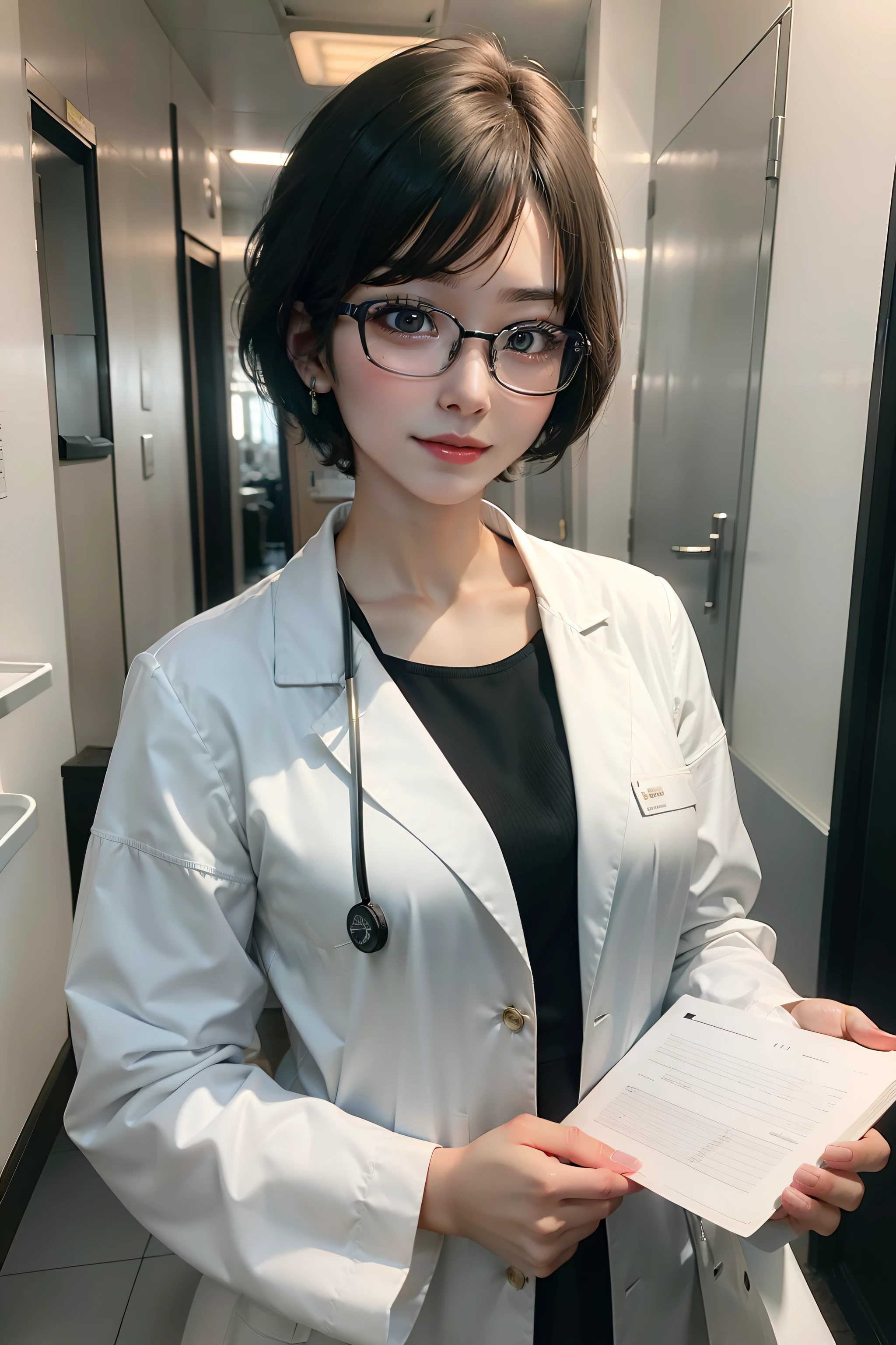 8K realistic video of cute female doctor, 25-years old, Short hair, Wearing glasses, Wearing a white coat, White clothes, Take notes on the clipboard, Evaluation formula, in infirmary,