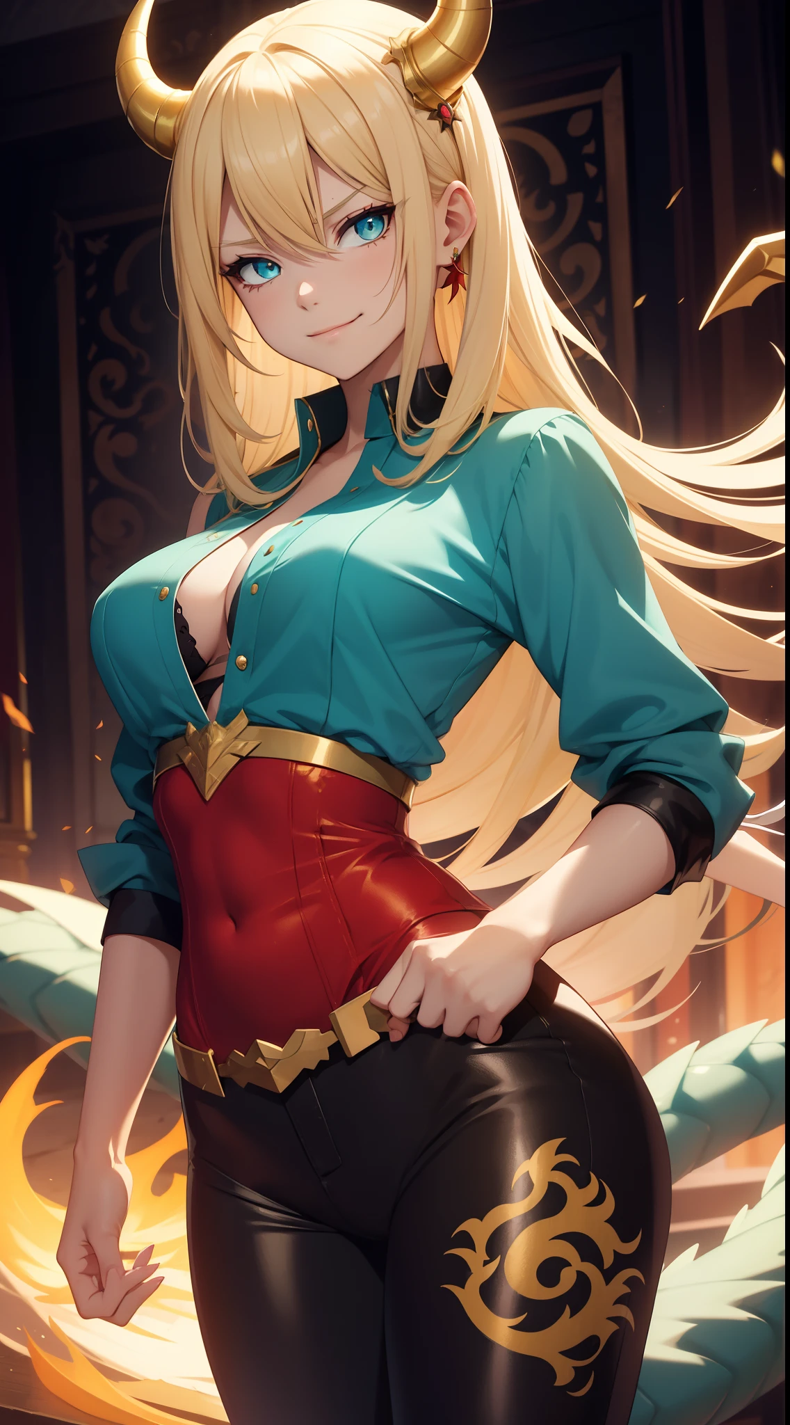 young girl, longue blonde hair, barrette, turquoise eyes, dragon tattoo, dragon horns, Red tight shirt, Gold Elements, pants, open thighs, claws, smirk, Masterpiece, hiquality, 4k, HD, Good detail