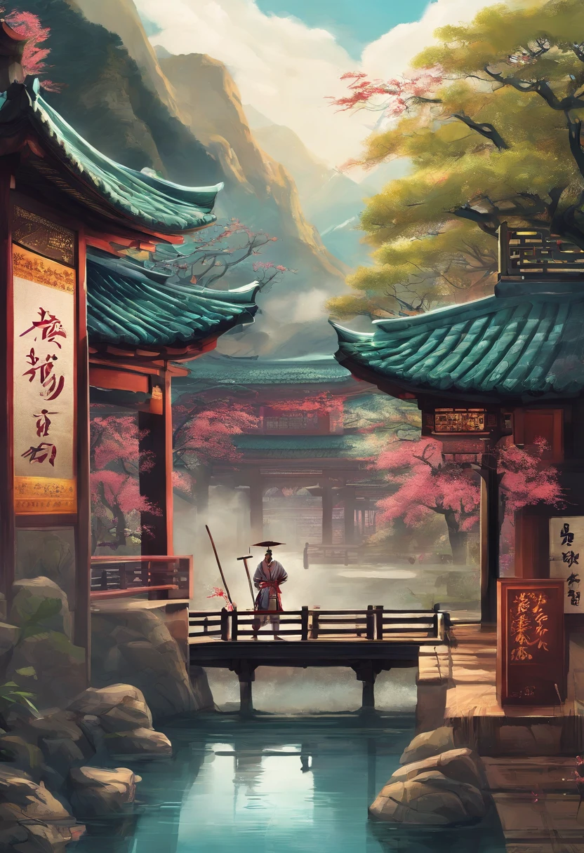 rainwater，SakuraNS，chinese traditional architecture，sword dance，A man wears Hanfu，Landscape of people，（The picture reads Lichun）