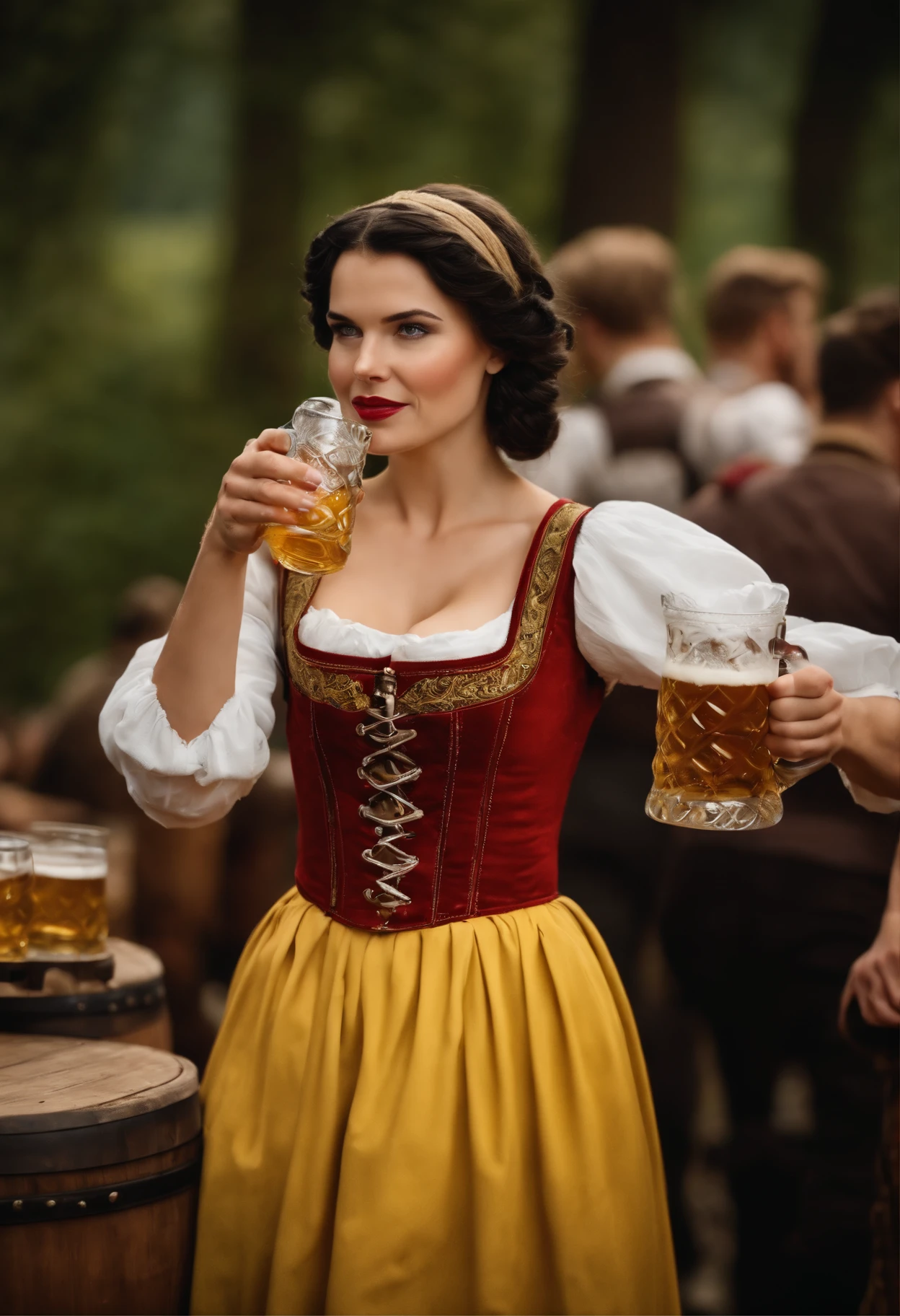 Snow White betrunken auf dem Oktoberfest, Bierkrug in der Hand, empty beer mugs are everywhere, Dirndl, ultra realistisch, Ultra-detailliert, Braids