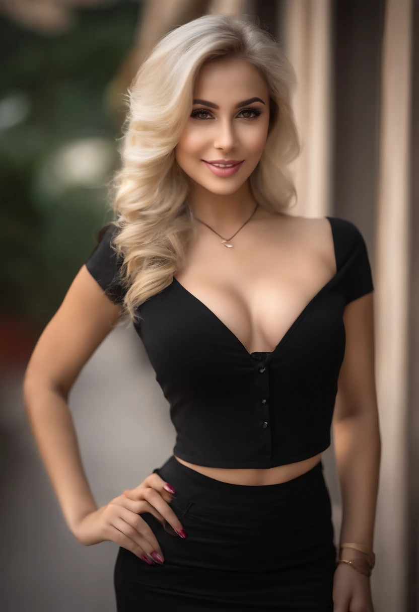 professional, (4k photo:1.1) by (south indian 30 years old women), (Sharp focus:1.3), high detail, wearing (lowcut shirt:1.2), beautiful detailed face, hazel eyes, long blonde hair, (attractive young woman:1.3), (seductive:1.1), (blushing:1.1), hourglass body shape, large round big breasts, wide thicc hips, blonde goddess, tight outfit, tight attire, smiling seductively, pretty face, perfect white haired girl, satisfied pose, cute seductive smile, beautiful blonde girl, good young girl, beautiful angle, attractive pose, cute girl, sexy pose, a gorgeous blonde, full body picture, full body, full body shoot, wearing black skirt and boots, don't blur backgroud, short height,