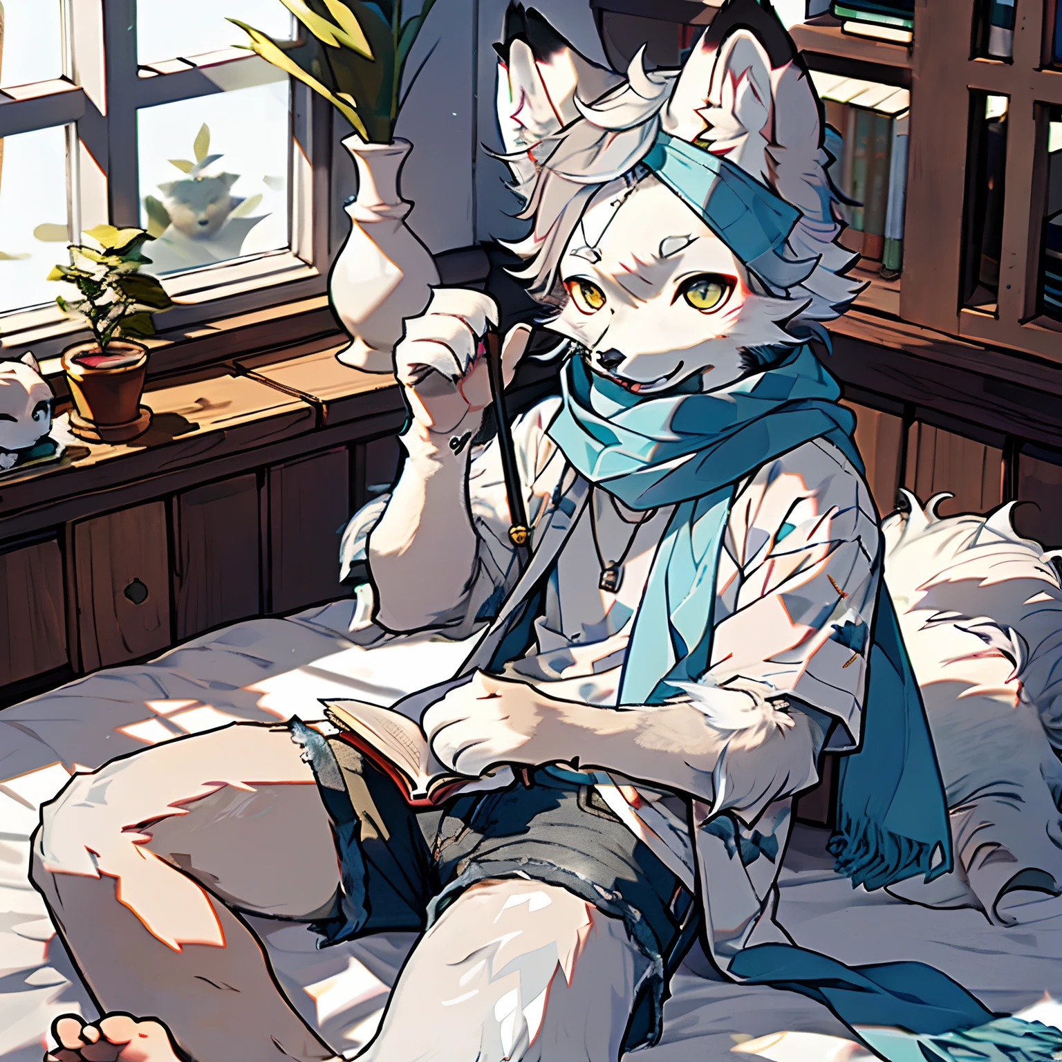 High detail,hyper qualit,high resolution,1080p,独奏,Furry,(Male arctic fox:1.5),(Gray fur:1.3),White skin,White ears,pale blue color eyes,(Fluffy tail:1.2),Shirtless,Wearing a blue scarf,Wear black loose shorts,Barefoot,Sit on the edge of the bed and read a book,ssmile,Wear a monocle on the right eye