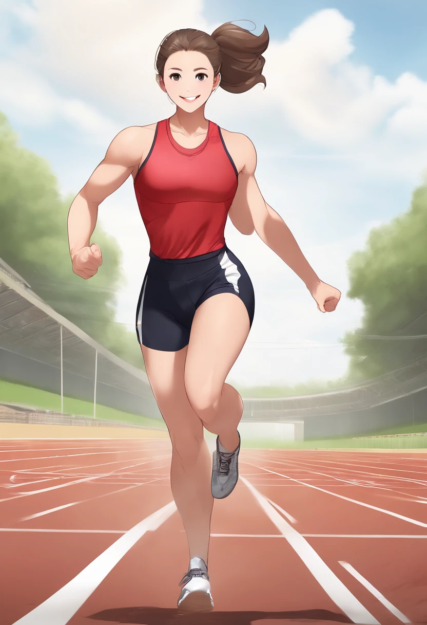 ((masterpiece, Top image quality, hight resolution、独奏、small tits、Sleeveless uniforms on land、track and field athlete、high-ponytail Hairstyle、no-bra、full body Esbian、A smile、A slight smil、Tecateca skin、glowy skin))、Sweaty face、Latina, puberty, full of sweat、red lipsticks、Walk along the tracks of the athletics stadium、独奏、On both hands and hips、Navel is visible、((Thigh Raising Training))、((Running on the track))、(((Macho Body)))、((Uniform wet with sweat))、(((see the whole body)))