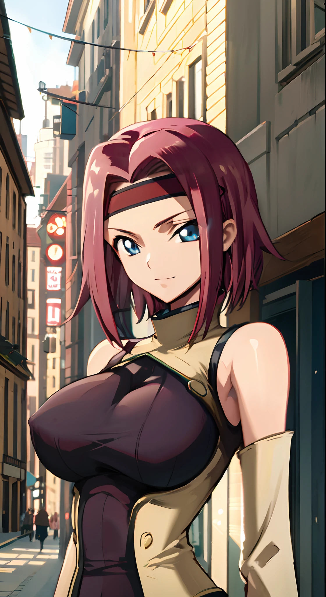 Karenstadtfeld, Karen Stadtfeld, Blue eyes, head band, Red hair, Short hair,
Break Sleeveless, sleeveless turtleneck, turtle neck,
BREAK looking at viewer,
BREAK outdoors, city,
BREAK (masutepiece:1.2), Best Quality, High resolution, Unity 8k壁纸, Beautiful detailed eyes, extra detailed face,Hair splash、A smile,look at viewr ,(cowboy  shot:1.4)