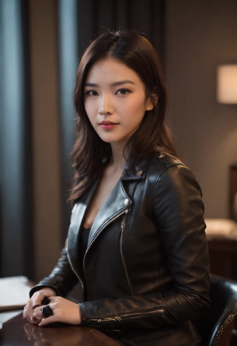 Wearing black leather gloves up to the fingertips in both hands and covering the upper body black leather double riders jacket slender necklace, a young and cute Japanese girl with beautiful black hair, sitting on a black leather chair at the desk in the president's room at night, secretly peeking at the computer screen