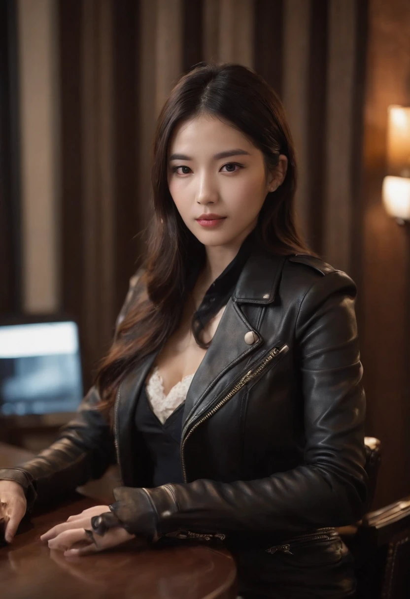 Wearing black leather gloves up to the fingertips in both hands and covering the upper body black leather double riders jacket slender necklace, a young and cute Japanese girl with beautiful black hair, sitting on a black leather chair at the desk in the president's room at night, secretly peeking at the computer screen