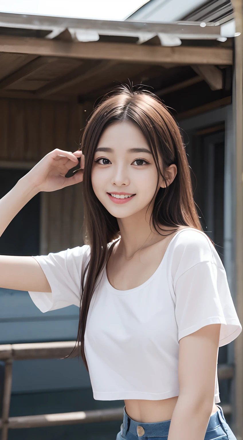 laughing、white shirt、A dark-haired、campus