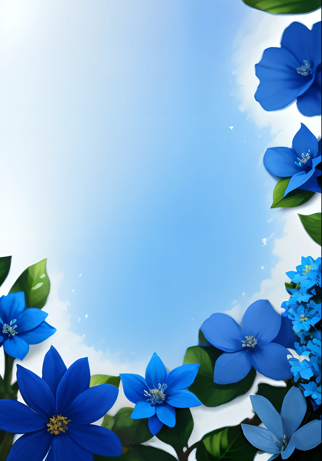 Blue flowers,white backgrounid,leafs,rays of sunshine