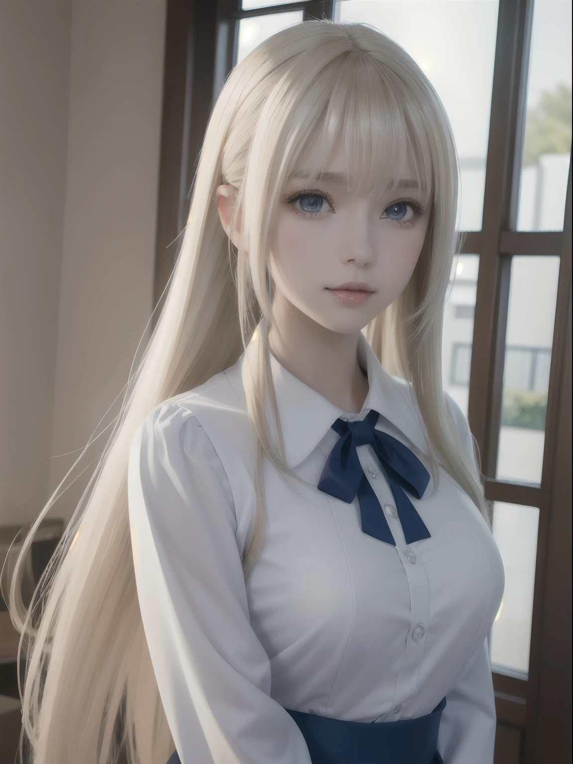 portlate、School Uniforms、bright expression、poneyTail、Young shiny shiny white shiny skin、Best Looks、Blonde reflected light、Platinum blonde hair with dazzling highlights、shiny light hair,、Super long silky straight hair、Beautiful bangs that shine、Glowing crystal clear attractive big blue eyes、Very beautiful nice cute 16 year old girl、Lush bust