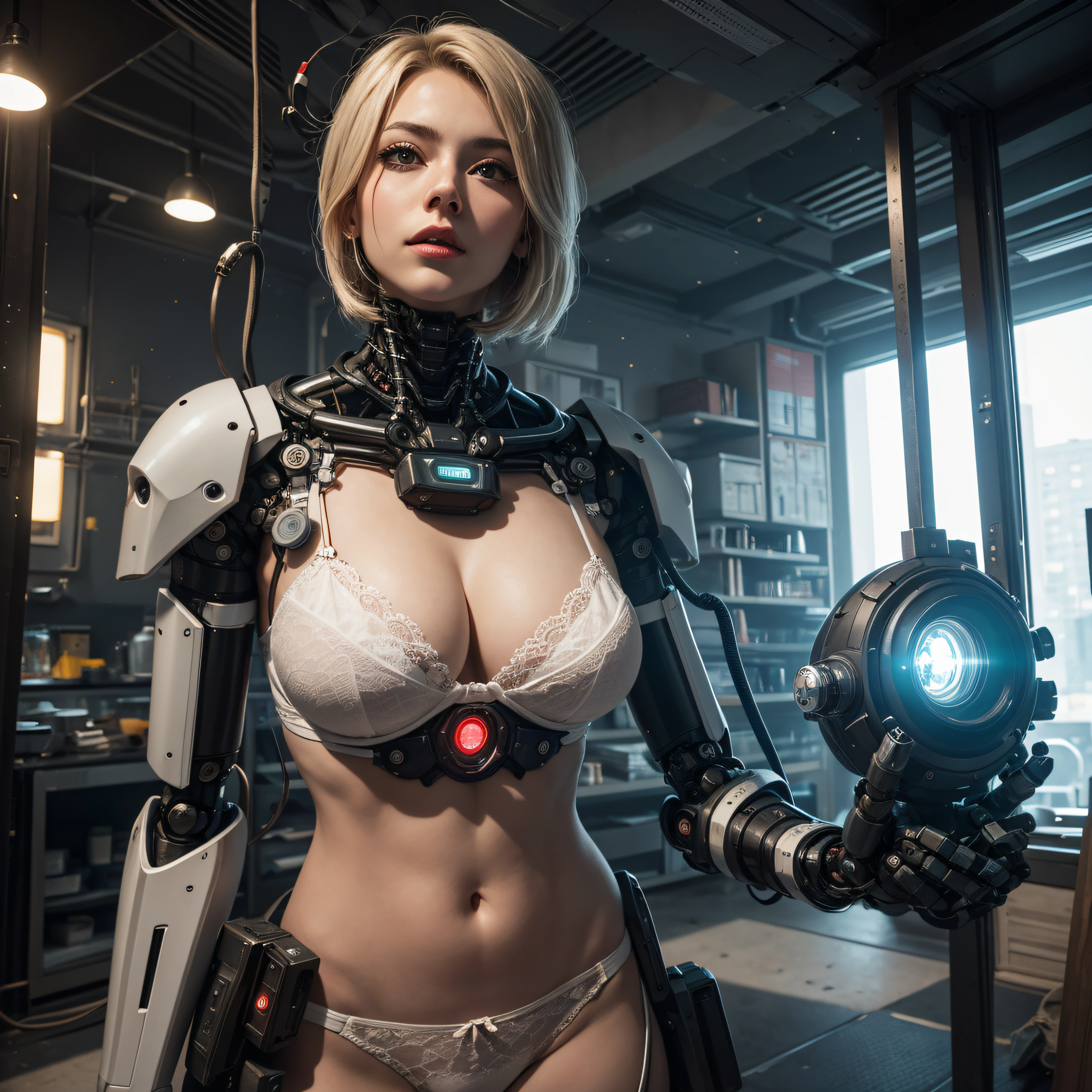 ((calidad superior)), ((obra maestra)), ((realista)), (Los detalles), (fotorrealista:1.5), puppet, marioneta de nadera humanoides tendidos en un piso de concreto, Science-Fiction, HDR, Trazado de rayos, NVIDIA RTX, Los ultra-Highres, Irreal 5, Sub-Surface Scatterring, PBR texturizado, Post-procesamiento, Anisotropic filtering, Profundidad de campos, maximum sharpness and sharpness, Regla de los tercios、8K RAW、(Luminescent Particles:1.4)、(super-detailed CG、Unidad 8k Fondos de pantalla、lighting like a movie、destello de lente、foco nítido、Girl with white lingerie in robotic parts, Arte cyberpunk、arquitectura cyberpunk