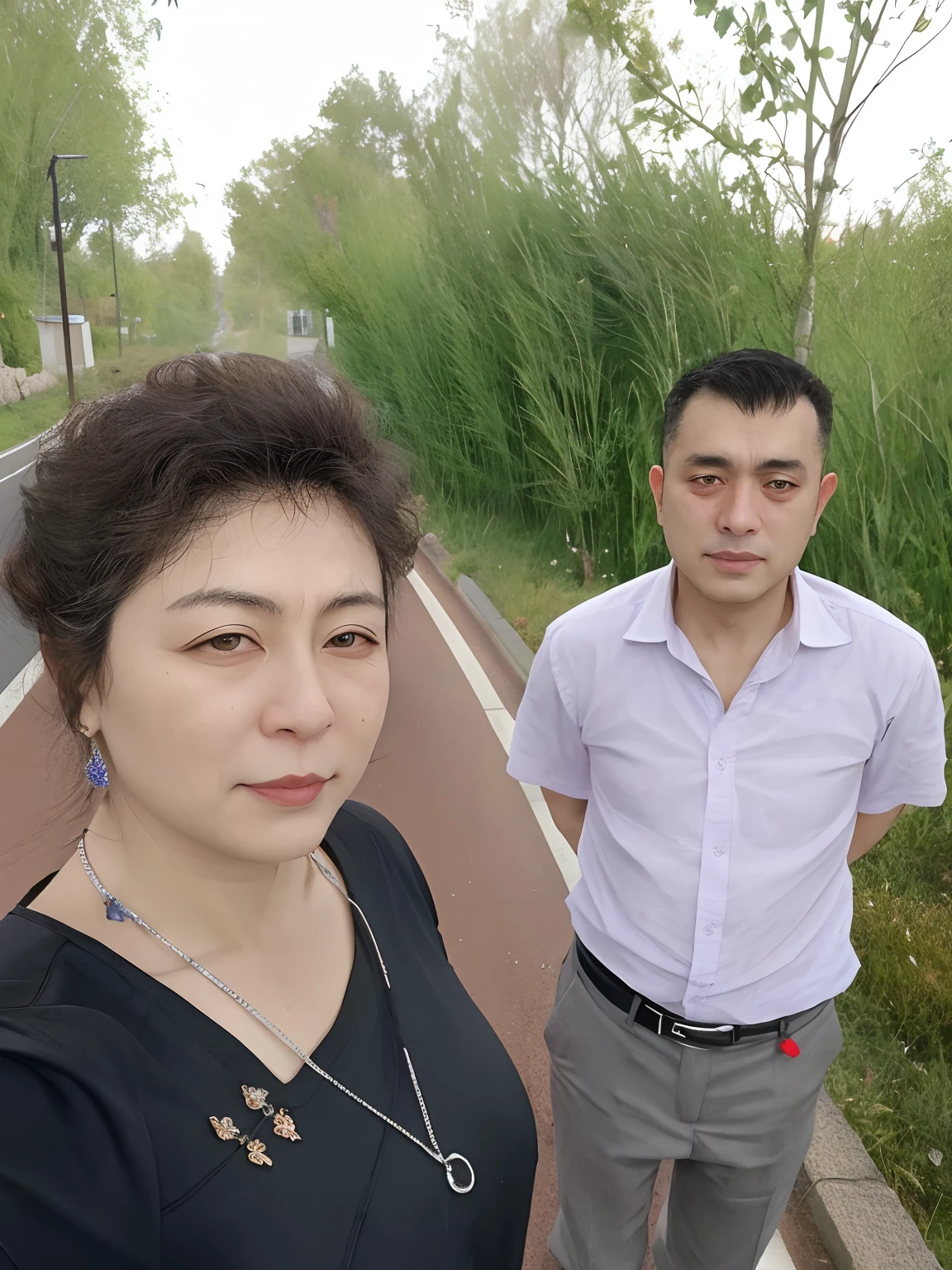 There were two people standing on the side of the road,aged 40， ayanamikodon and irakli nadar, 8K selfie photos, aykut aydogdu, author：Ren Renfa, couple, azimov, khyzyl saleem, Profile image, adim kashin, photograph taken in 2 0 2 0, 2 people, 8K))