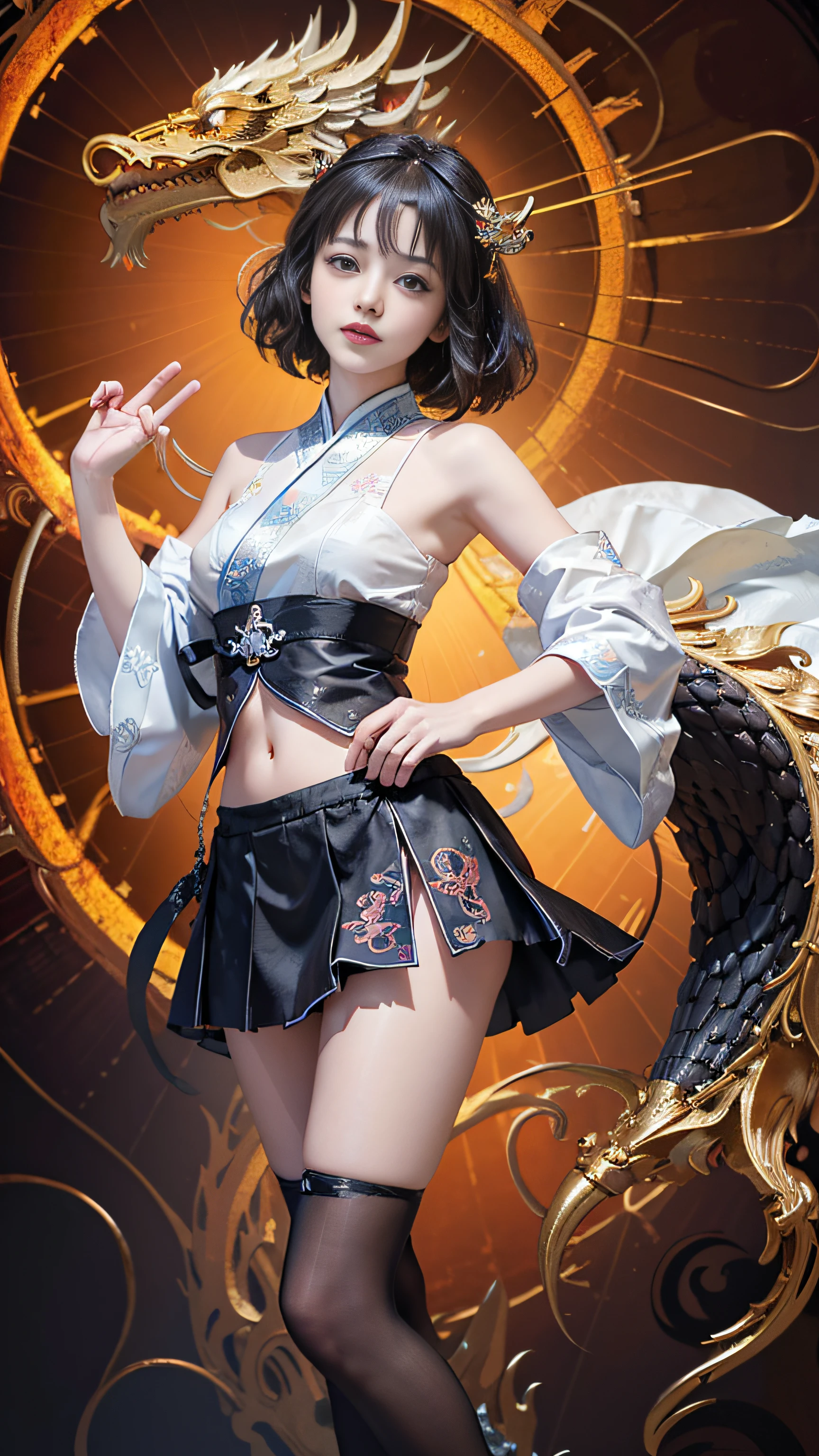 Official Art, Unified 8K Wallpapers, Ultra Detailed, Beautiful and Aesthetic, Masterpiece, Best Quality, (Zentangle, Tangle, Entangle), (fractal art: 1.4), (character center: 1.3), 1girl, black hair, Chinese, off-the-shoulders, short skirt, calf, navel, very detailed, dynamic angle, cowboyshot, (most beautiful form of chaos), ethereal, (bright colors), oc, (half: 1.2), china, (thangka flying sky: 1.5), (ribbon: 1.3), (dream: 1.5), (hanfu: 1.5), Chinese dragon, Chinese phoenix, (smile: 0.5), ( Chinese deities),