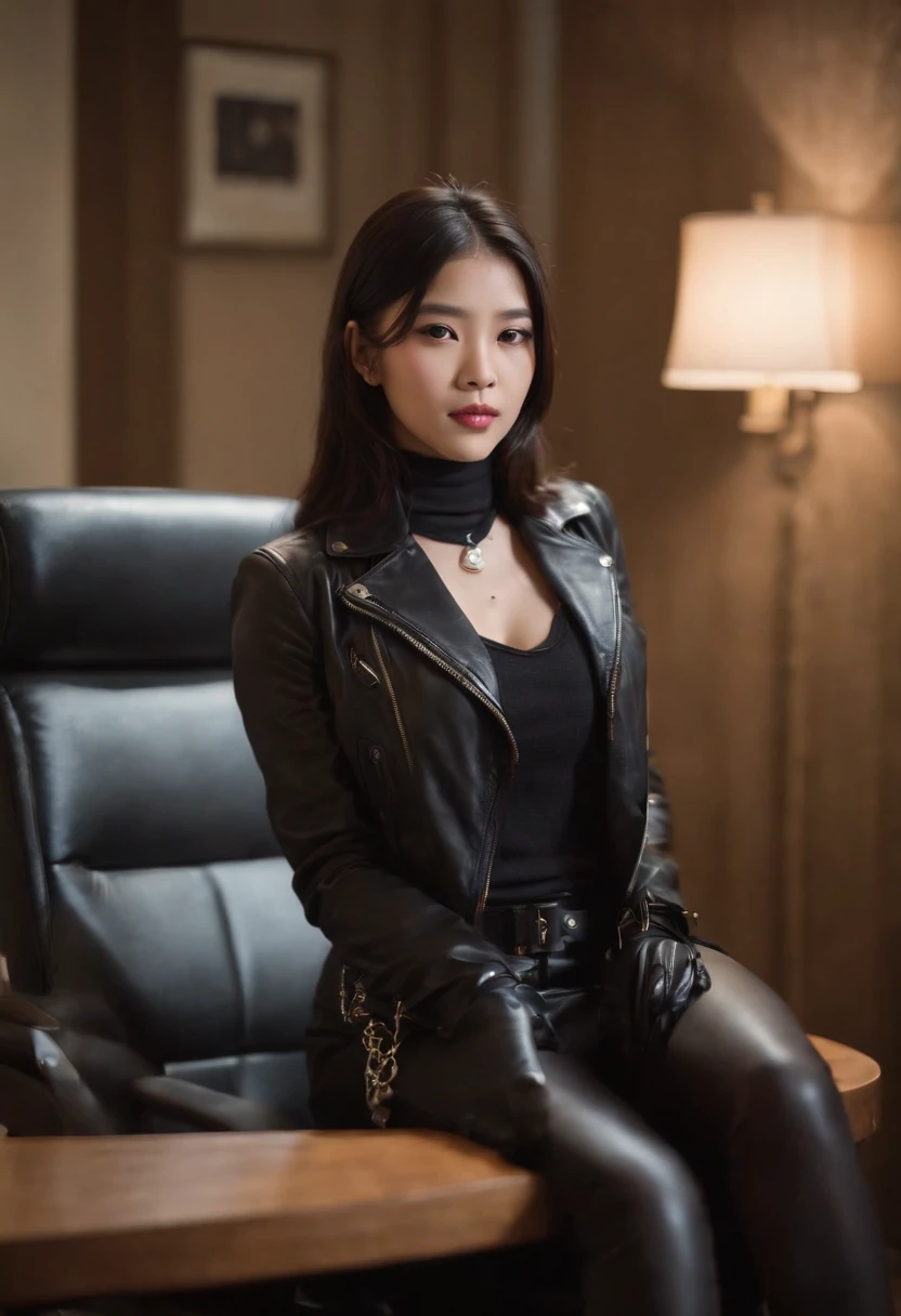 Wearing black leather gloves up to the fingertips in both hands and covering the upper body black leather double riders jacket slender necklace, a young and cute Japanese girl with beautiful black hair, sitting on a black leather chair at the desk in the president's room at night, secretly peeking at the computer screen