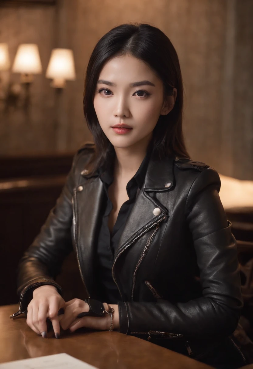 A young Japanese woman with a black suit up to a shirt and playing cards with black leather gloves on both hands