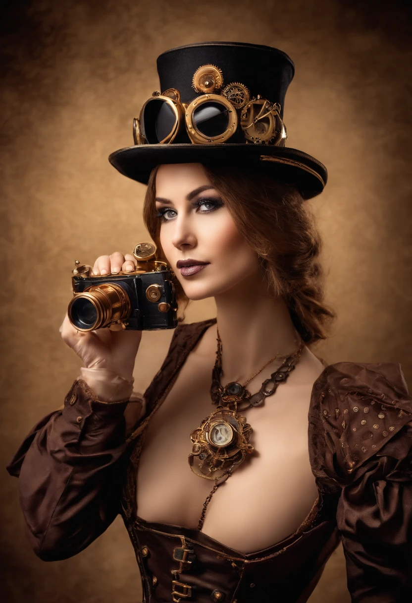 Woman in steampunk costume taking pictures, wearing steampunk attire, steampunk fantasy style, (Steampunk), ( Steampunk ), a steampunk beautiful goddess, steampunk beautiful anime woman, Steampunk Girl, Steampunk style, steampunk fantasy, Steampunk, steampunk inventor girl, golden steampunk, steampunk, Set in a steampunk world, Vivid steampunk concept