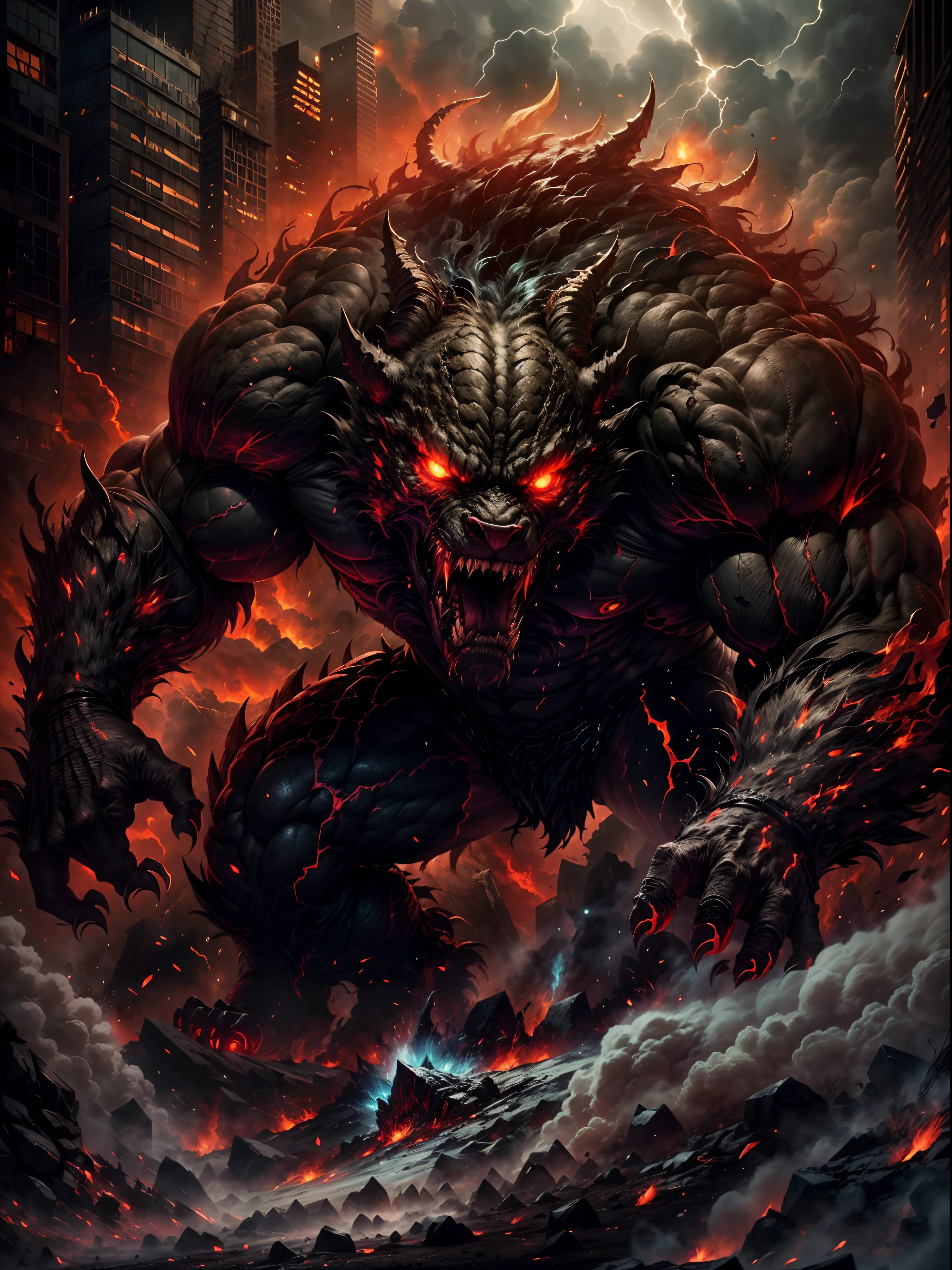 (best quality,ultra-detailed,realistic),giant-sized,terrifying,and roaring loudly,destructive force,scary glowing red eyes,dark and ominous background,heavy and intense atmosphere,emphasizing strength and power,highly detailed textures and skin,monstrous and intimidating presence,ominous shadows and highlights,dynamic and fierce posture,thick and heavy fur,cracked and broken ground,giant hands with sharp claws,massive and menacing appearance,surreal and nightmarish,fantastical and mythical creature,imposing and dominant,explosive and dramatic energy,foreboding and menacing,immense and towering,awe-inspiring and overwhelming.