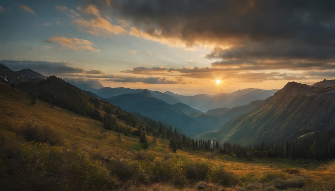 (best quality,4k,8k,highres,masterpiece:1.2),ultra-detailed,(realistic,photorealistic,photo-realistic:1.37),mountain landscape,beautiful sunset,serene atmosphere,natural beauty,vibrant colors,golden hues,majestic peaks,tranquil lake,rippling water,gentle breeze,lush greenery,snow-capped mountains,gorgeous clouds,stunning reflections,peaceful serenity,dramatic sky,dazzling light,ethereal glow,spectacular view,harmony and balance,awe-inspiring,grandeur,hiking trails,climber's paradise,nature's masterpiece,wonder of the world,immense beauty,awe-struck visitors