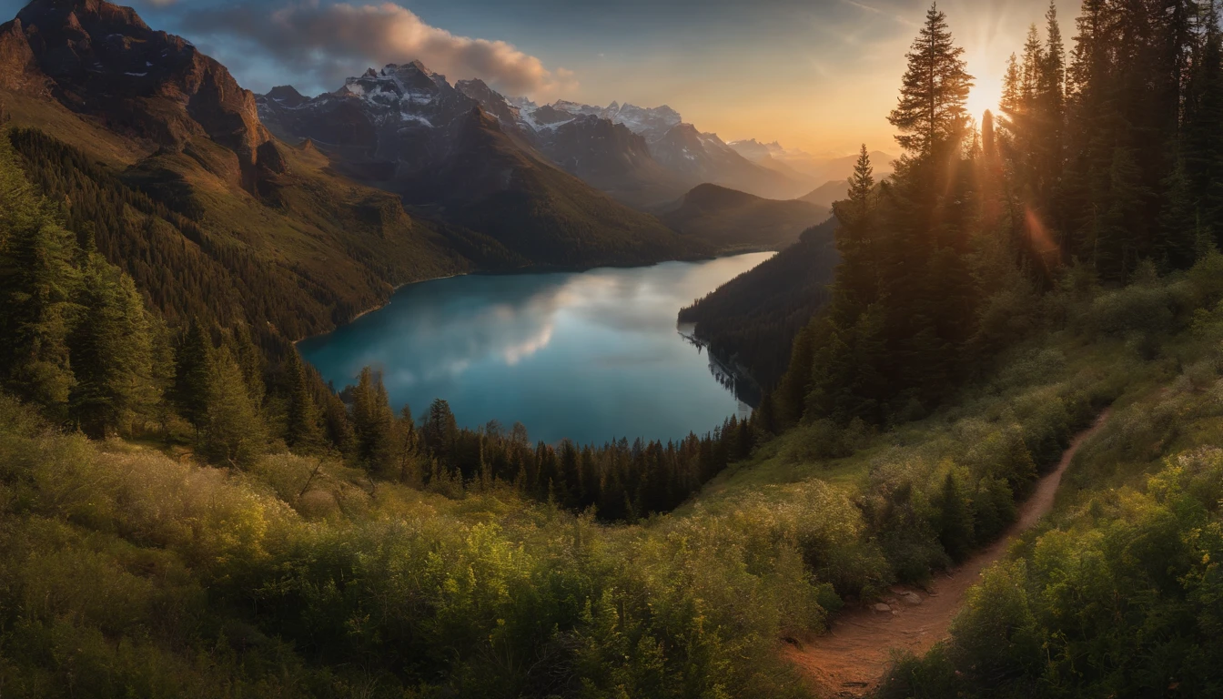(best quality,4k,8k,highres,masterpiece:1.2),ultra-detailed,(realistic,photorealistic,photo-realistic:1.37),mountain landscape,beautiful sunset,serene atmosphere,natural beauty,vibrant colors,golden hues,majestic peaks,tranquil lake,rippling water,gentle breeze,lush greenery,snow-capped mountains,gorgeous clouds,stunning reflections,peaceful serenity,dramatic sky,dazzling light,ethereal glow,spectacular view,harmony and balance,awe-inspiring,grandeur,hiking trails,climber's paradise,nature's masterpiece,wonder of the world,immense beauty,awe-struck visitors