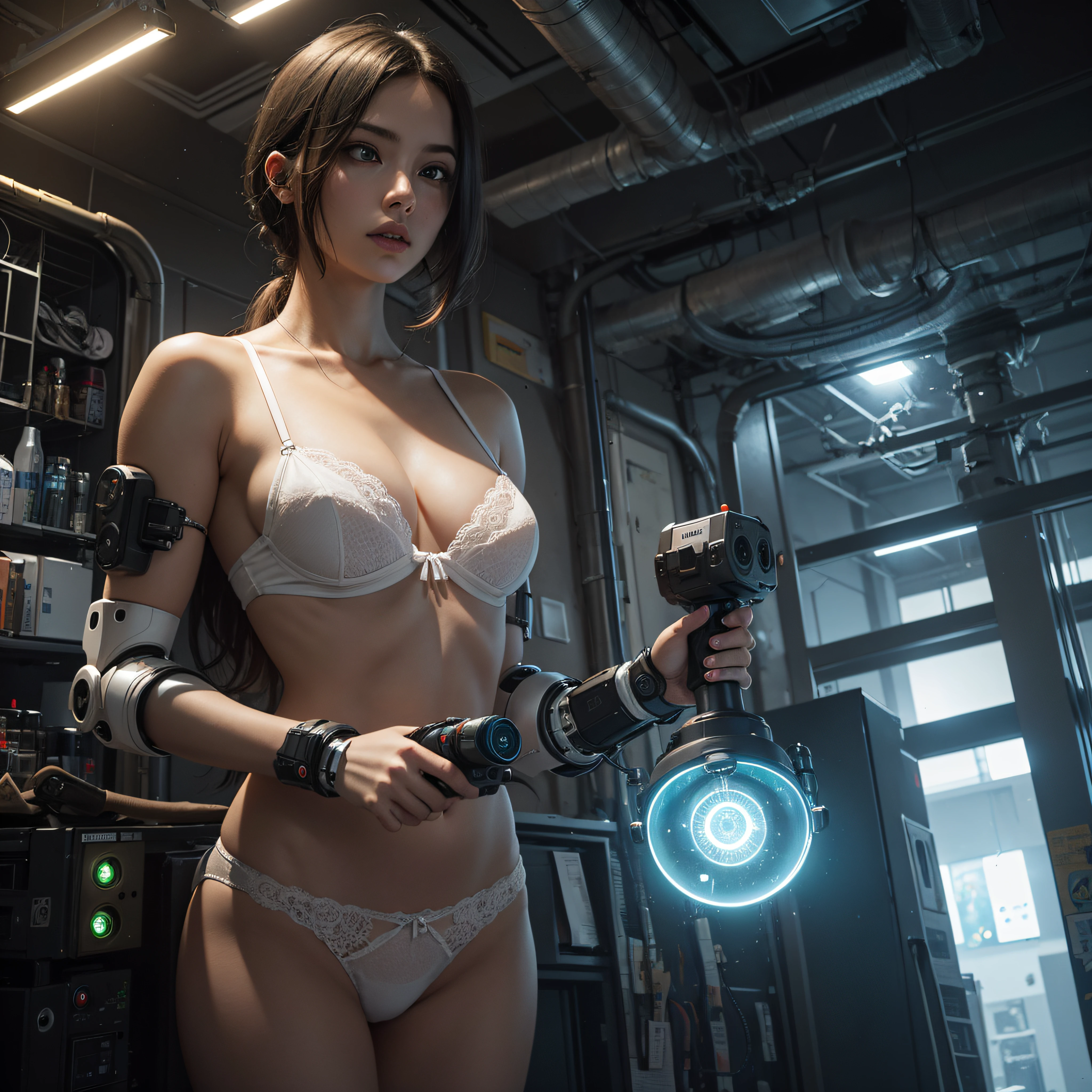 ((calidad superior)), ((obra maestra)), ((realista)), (Los detalles), (fotorrealista:1.5), puppet, marioneta de nadera humanoides tendidos en un piso de concreto, Science-Fiction, HDR, Trazado de rayos, NVIDIA RTX, Los ultra-Highres, Irreal 5, Sub-Surface Scatterring, PBR texturizado, Post-procesamiento, Anisotropic filtering, Profundidad de campos, maximum sharpness and sharpness, Regla de los tercios、8K RAW、(Luminescent Particles:1.4)、(super-detailed CG、Unidad 8k Fondos de pantalla、lighting like a movie、destello de lente、foco nítido、Girl with white lingerie in robotic parts, Arte cyberpunk、arquitectura cyberpunk